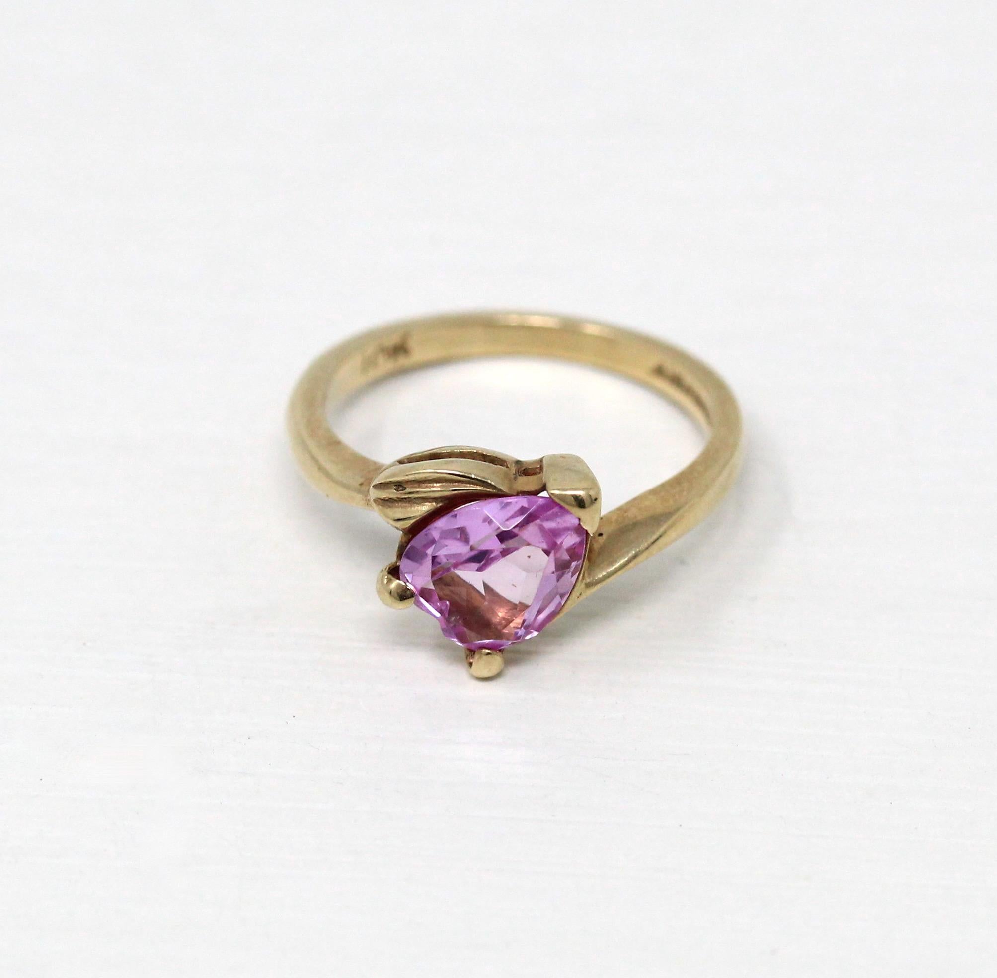 Created Pink Sapphire Ring - Retro 10k Yellow Gold Faceted Heart Cut Stone - Vintage Circa 1960s Size 4 3/4 New Old Stock Romantic Jewelry