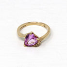 Created Pink Sapphire Ring - Retro 10k Yellow Gold Faceted Heart Cut Stone - Vintage Circa 1960s Size 4 3/4 New Old Stock Romantic Jewelry