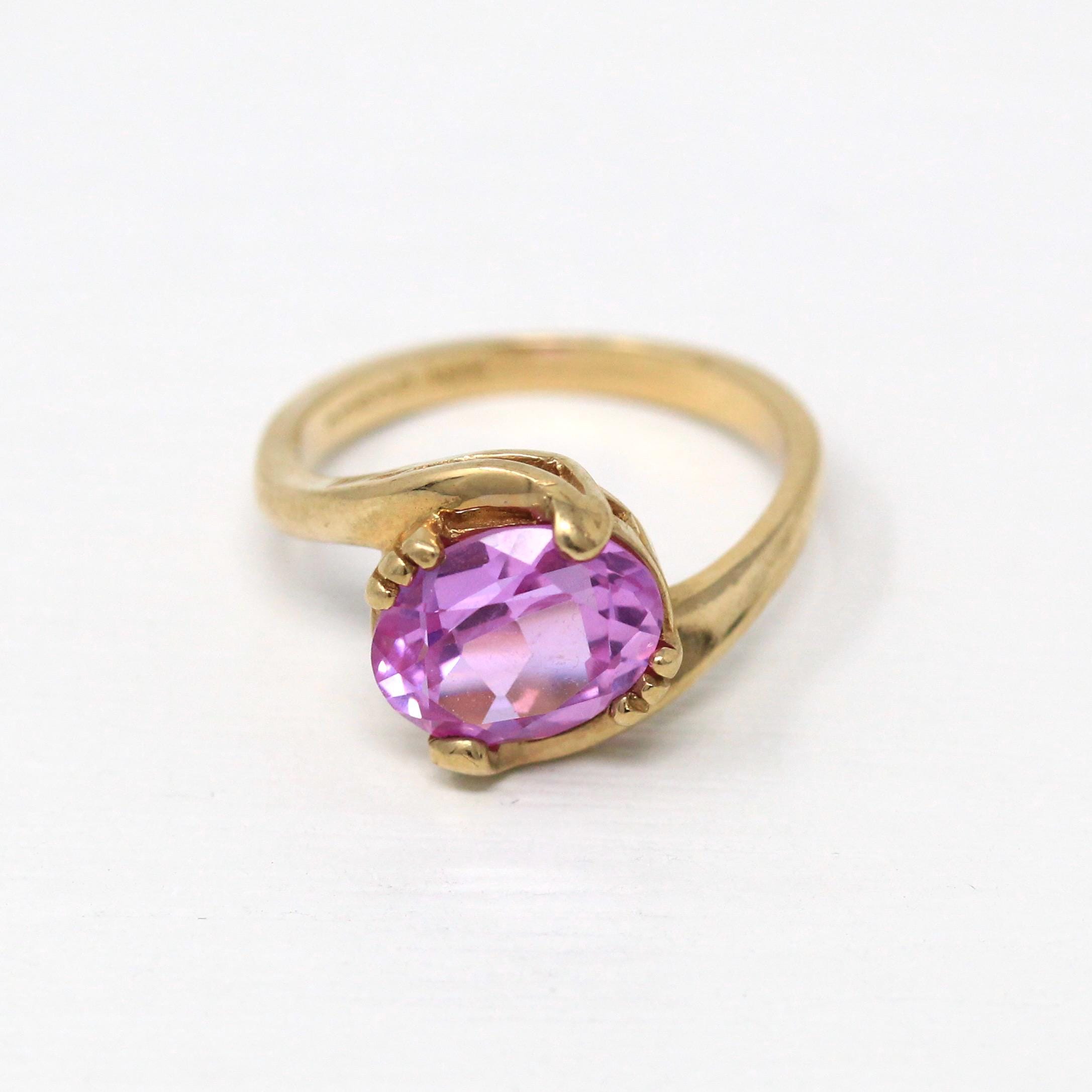 Created Pink Sapphire Ring - Retro 10k Yellow Gold Faceted 2.88 CT Stone - Vintage Circa 1960s Size 6 1/4 New Old Stock Statement Jewelry