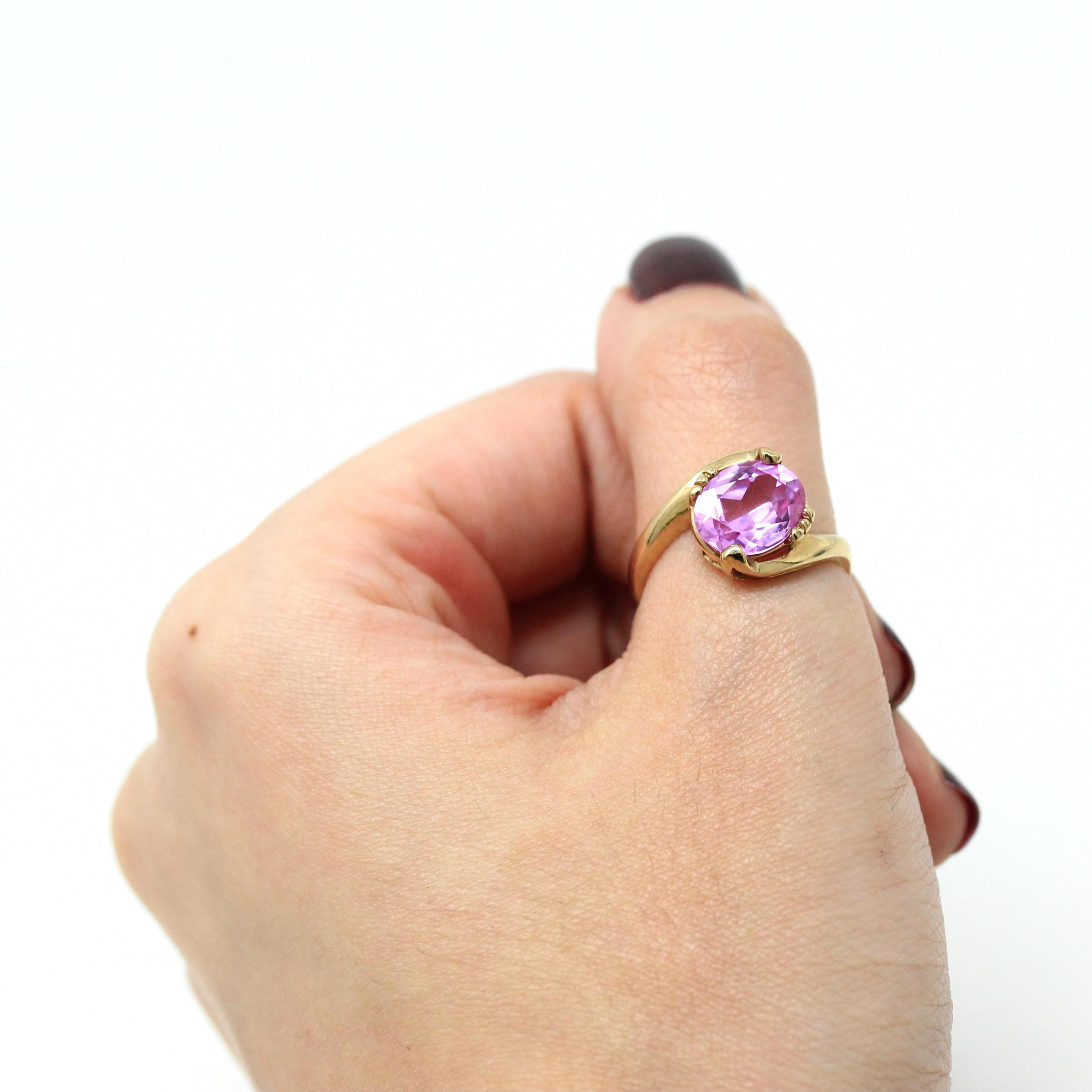 Created Pink Sapphire Ring - Retro 10k Yellow Gold Faceted 2.88 CT Stone - Vintage Circa 1960s Size 6 1/4 New Old Stock Statement Jewelry