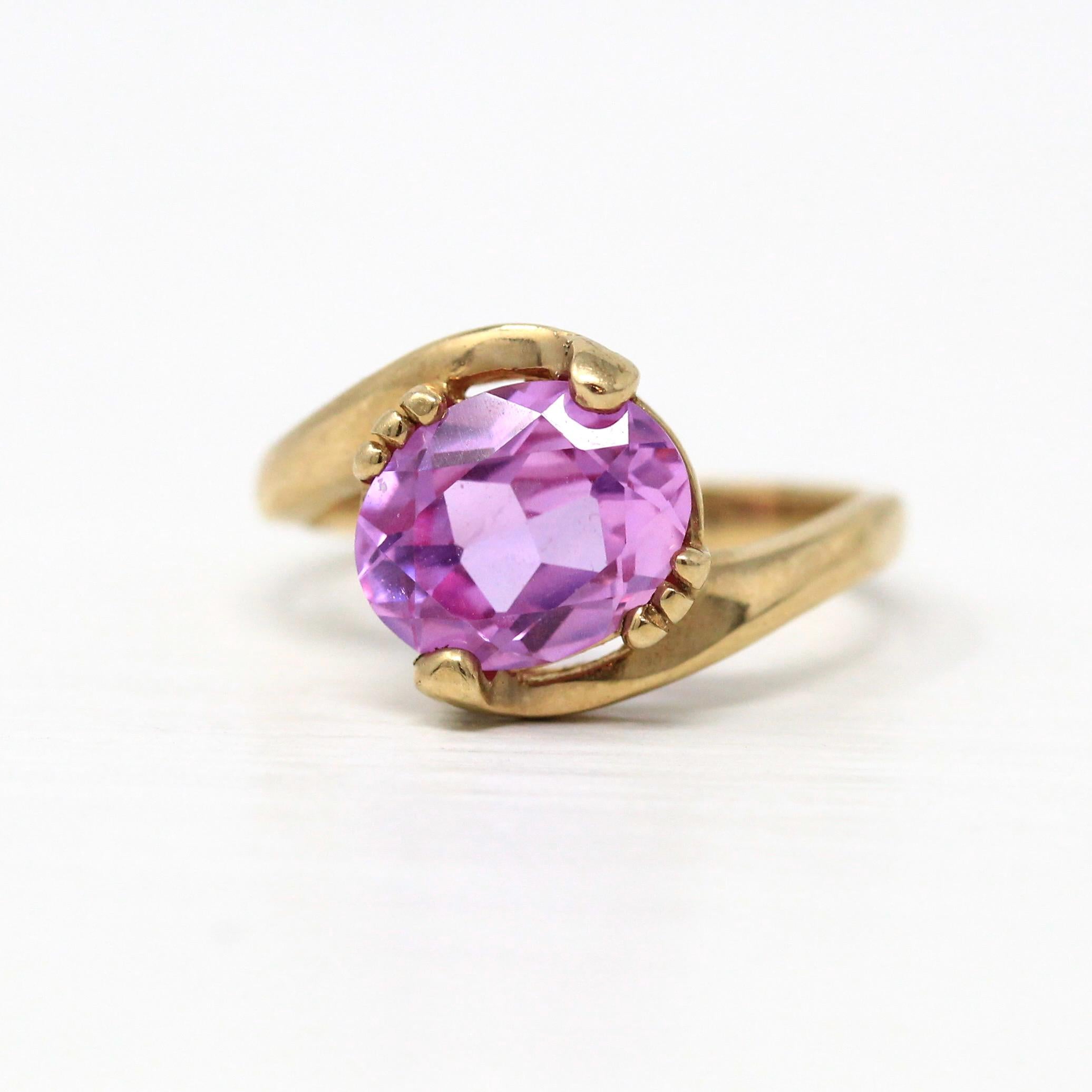 Created Pink Sapphire Ring - Retro 10k Yellow Gold Faceted 2.88 CT Stone - Vintage Circa 1960s Size 6 1/4 New Old Stock Statement Jewelry