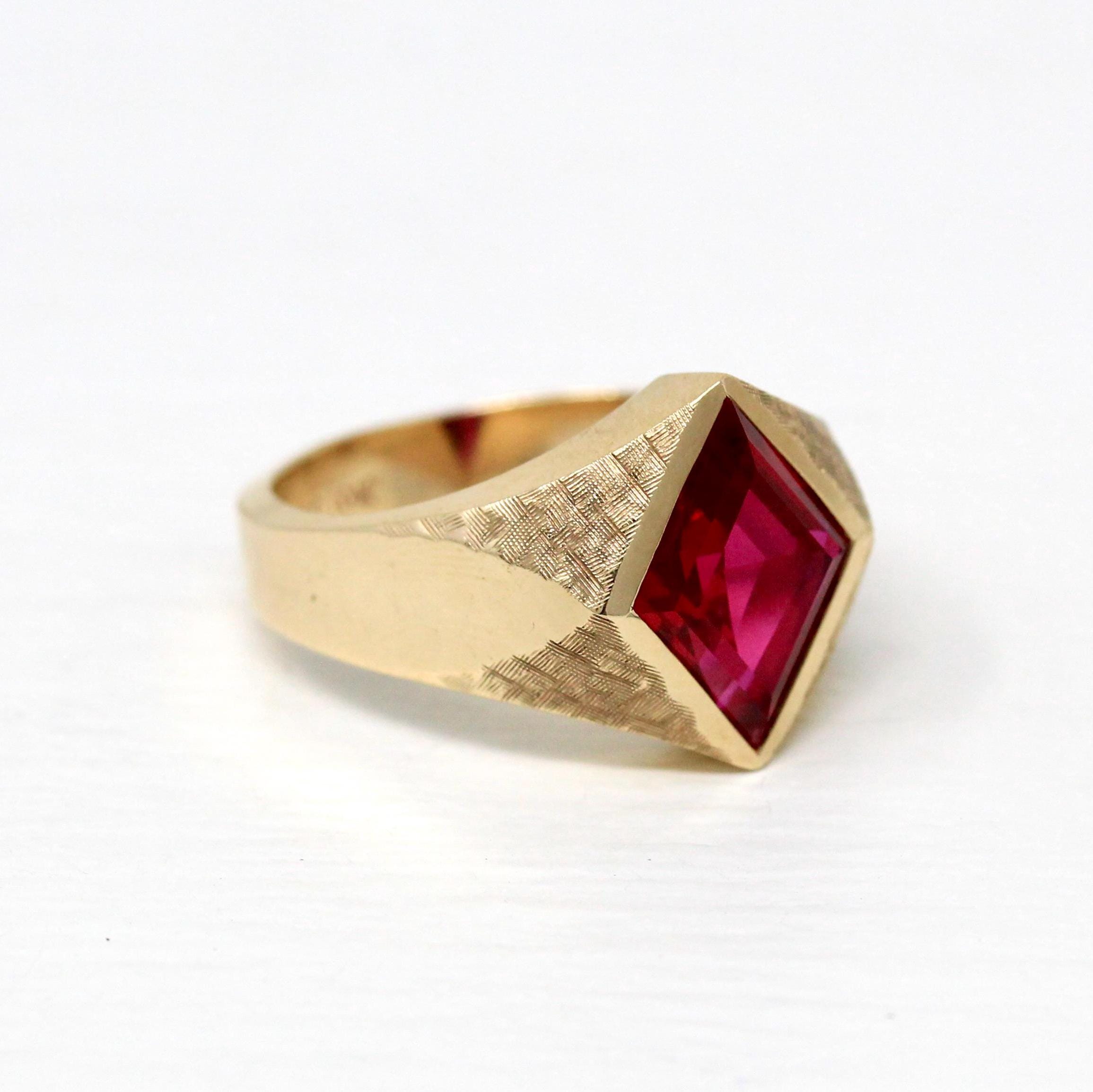 Created Ruby Ring - Retro 10k Yellow Gold Cut Red Stone Chunky Men's - Vintage Circa 1960s Era Size 10 New Old Stock Jewelry