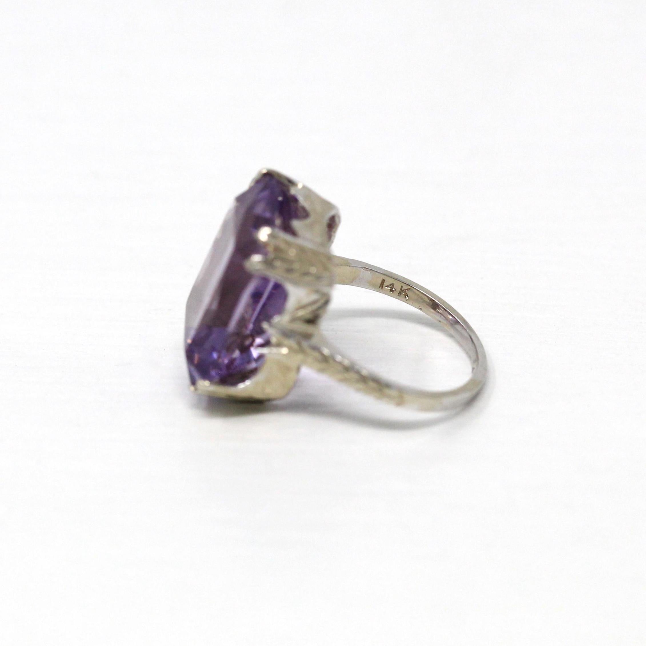 Vintage Amethyst Ring - Art Deco 14k White Gold 8.95 CT Purple Gem - Antique Circa 1920s Size 3 February Birthstone Engraved Fine Jewelry