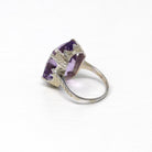 Vintage Amethyst Ring - Art Deco 14k White Gold 8.95 CT Purple Gem - Antique Circa 1920s Size 3 February Birthstone Engraved Fine Jewelry