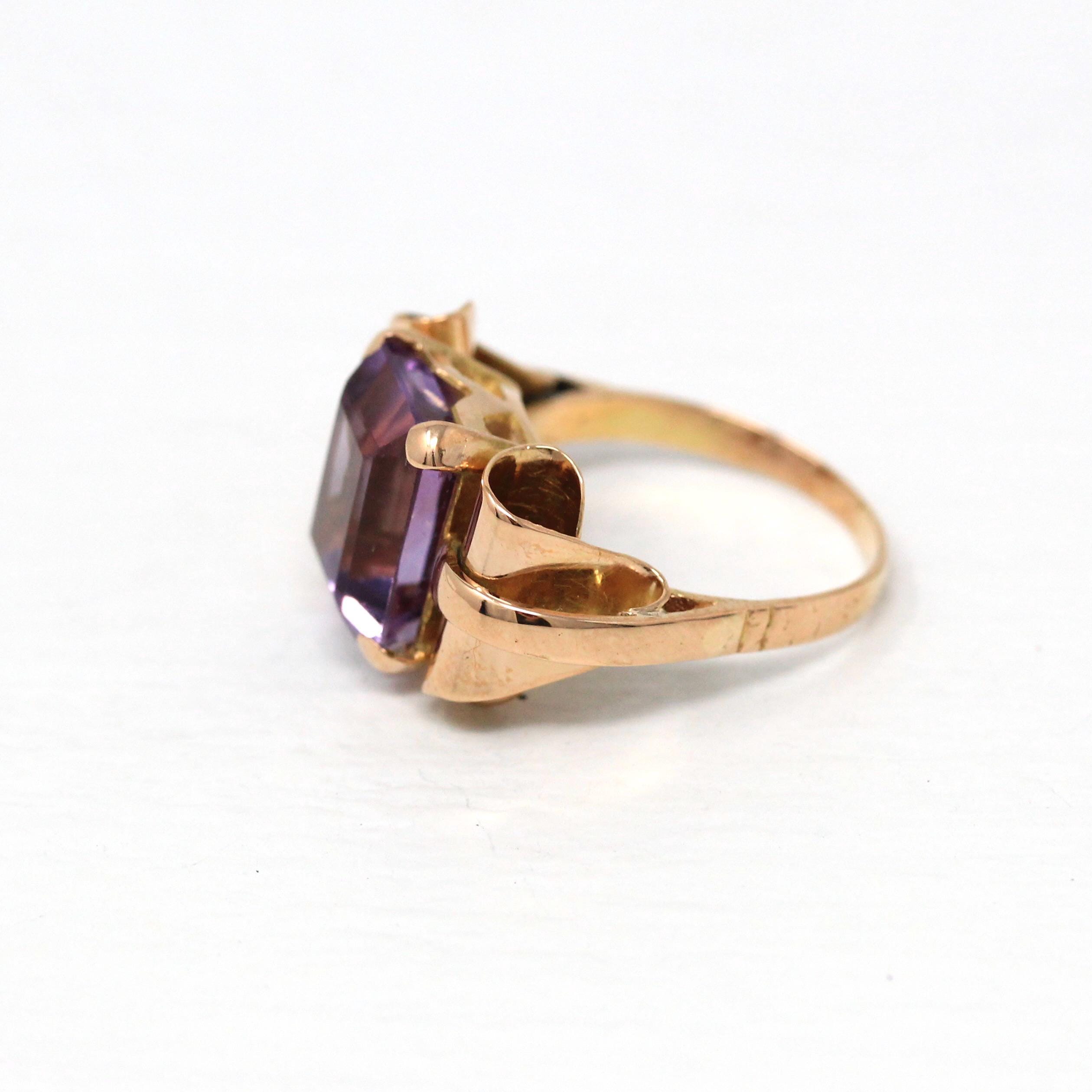 Genuine Amethyst Ring - Vintage 18k Rose Gold Faceted Purple Hued 4.83 CT Gemstone - Retro Era Circa 1940s Size 5 Fine 40s Gem Jewelry