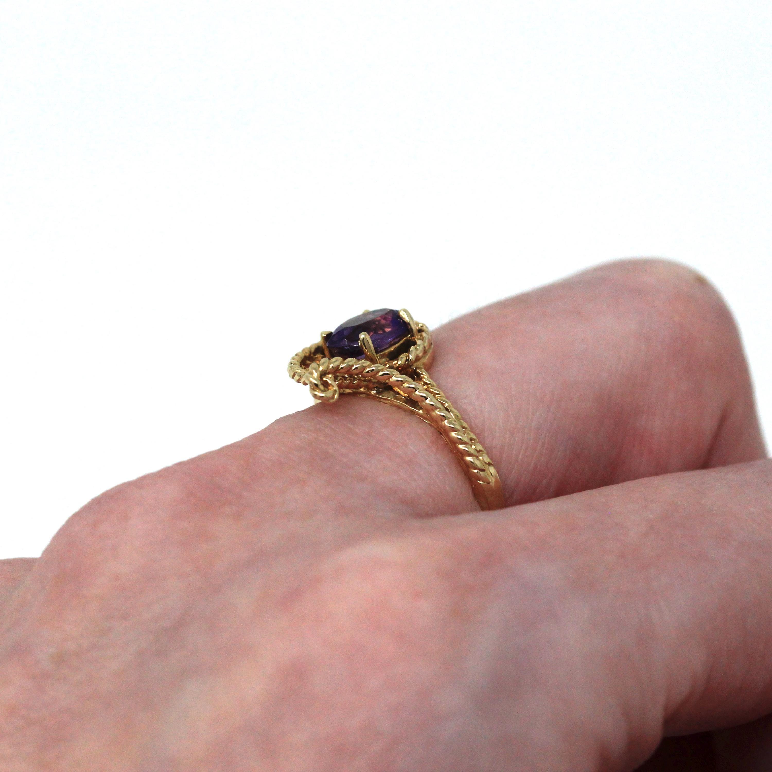 Genuine Amethyst Ring - Retro 10k Yellow Gold Oval Faceted .62 CT Purple Gemstone - Vintage Circa 1970s Era Size 6 New Old Stock Jewelry