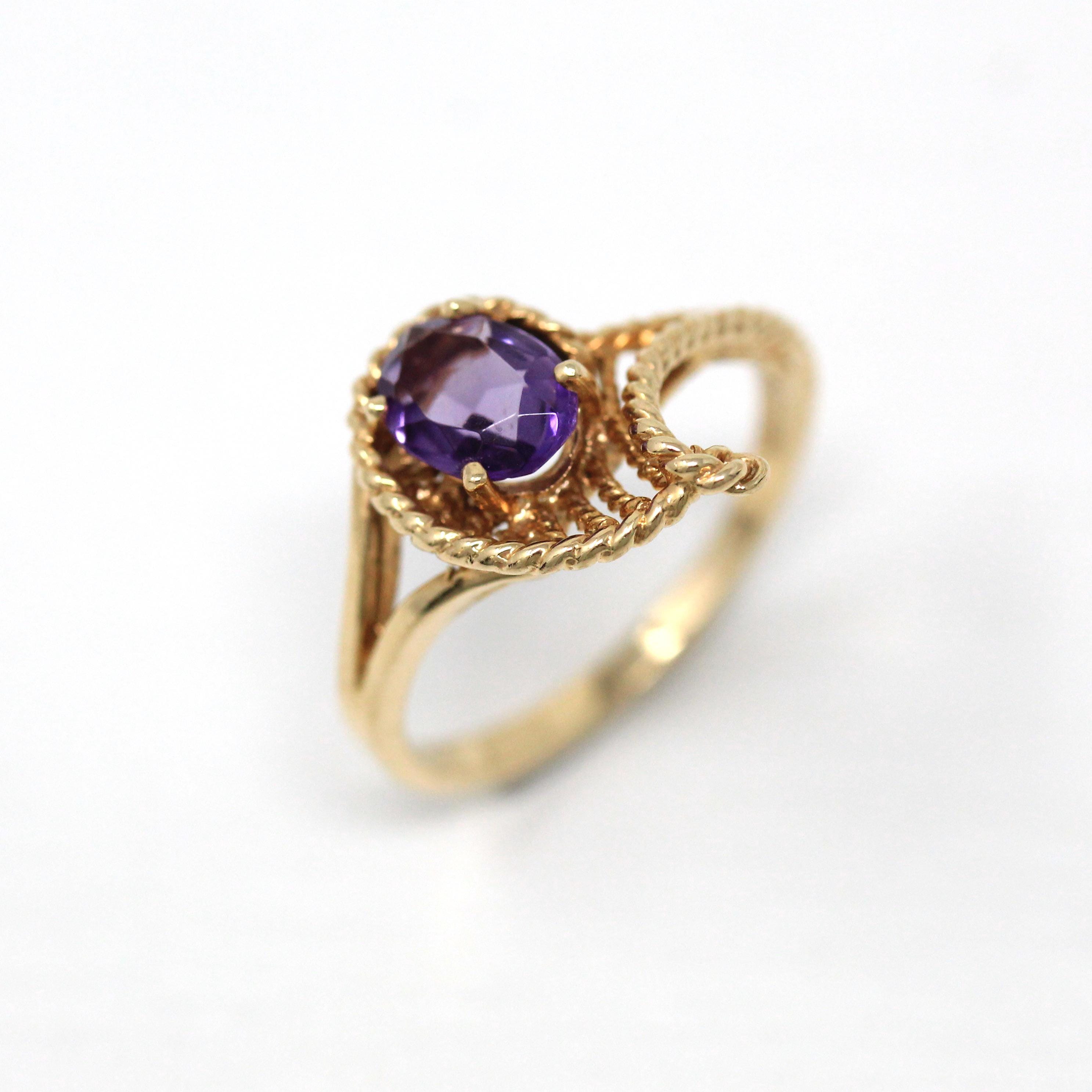 Genuine Amethyst Ring - Retro 10k Yellow Gold Oval Faceted .62 CT Purple Gemstone - Vintage Circa 1970s Era Size 6 New Old Stock Jewelry