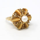 Tiger's Eye Ring - Retro 10k Yellow Gold Cultured Pearl Flower Cluster - Vintage Circa 1970s Era Size 5 3/4 New Old Stock Fine 70s Jewelry