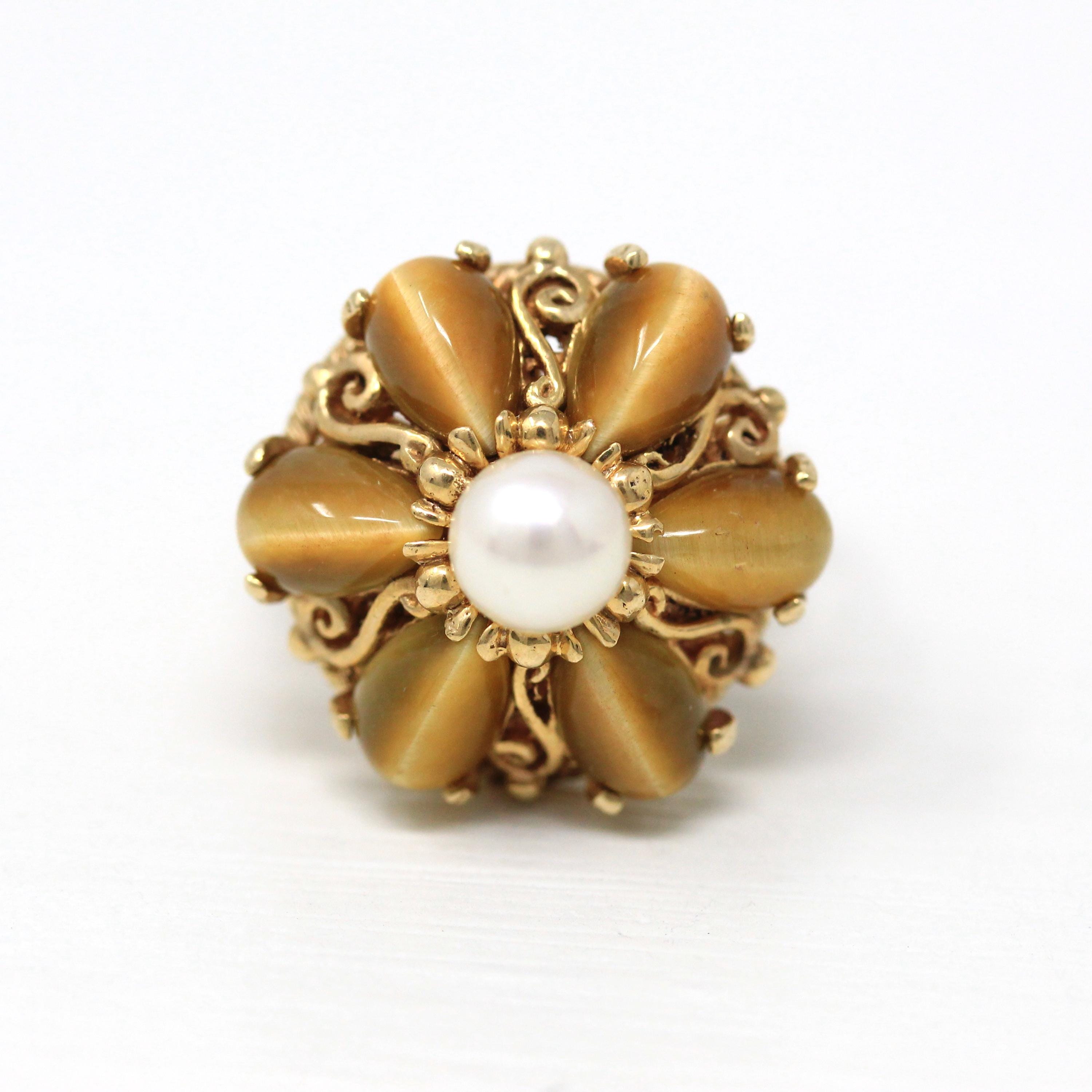 Tiger's Eye Ring - Retro 10k Yellow Gold Cultured Pearl Flower Cluster - Vintage Circa 1970s Era Size 5 3/4 New Old Stock Fine 70s Jewelry