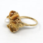 Tiger's Eye Ring - Retro 10k Yellow Gold Cultured Pearl Flower Cluster - Vintage Circa 1970s Era Size 5 3/4 New Old Stock Fine 70s Jewelry