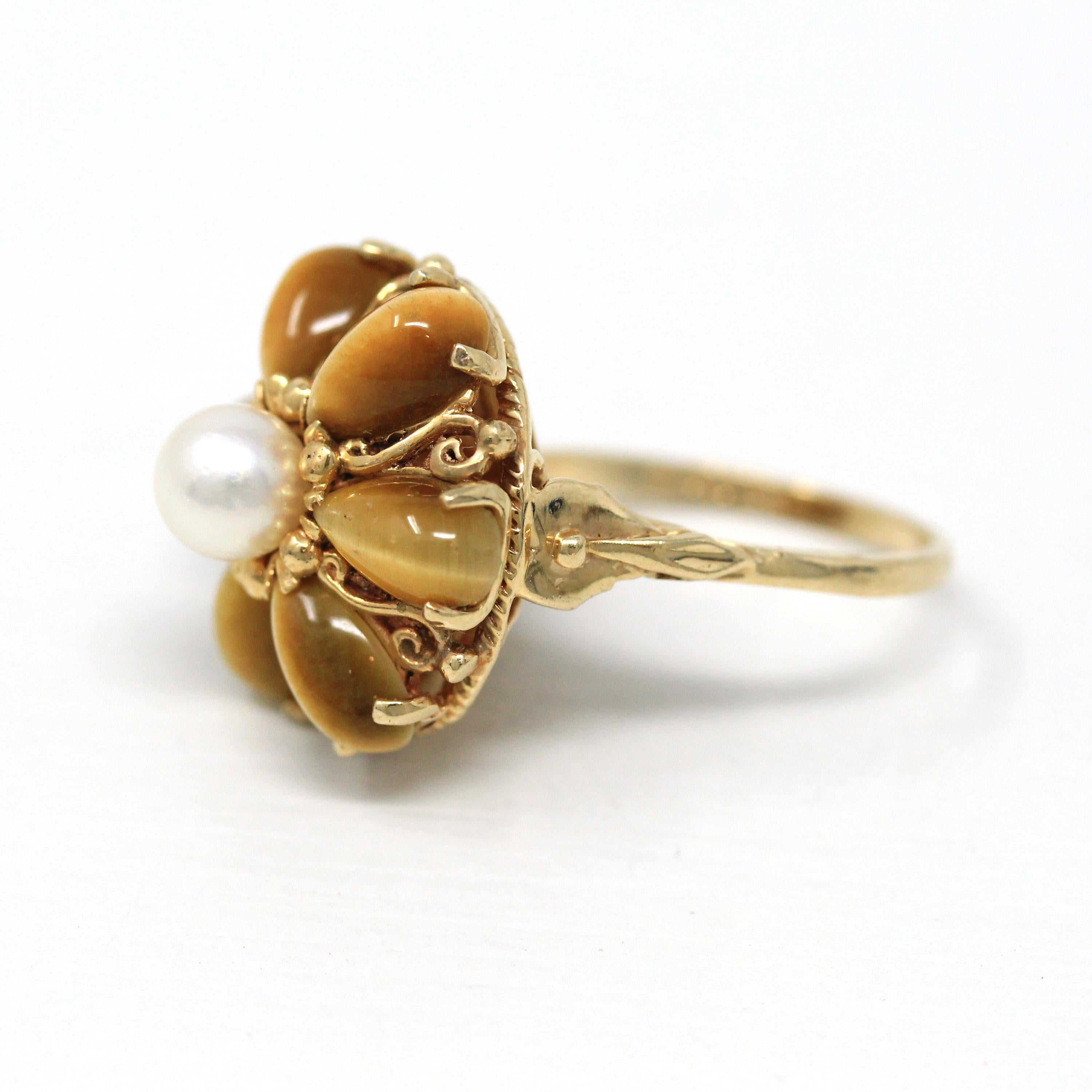 Tiger's Eye Ring - Retro 10k Yellow Gold Cultured Pearl Flower Cluster - Vintage Circa 1970s Era Size 5 3/4 New Old Stock Fine 70s Jewelry