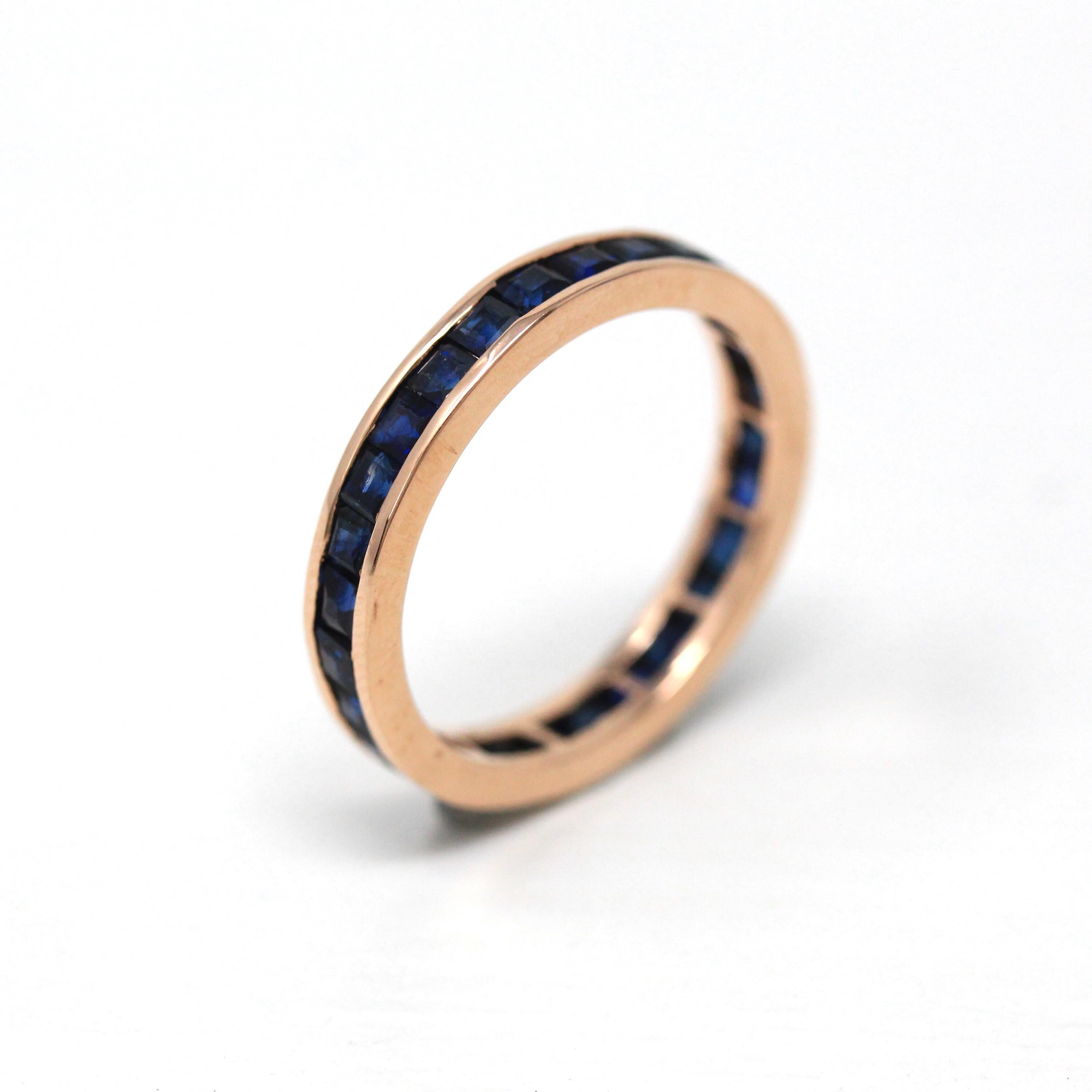 Genuine Sapphire Band - Estate 14k Rose Gold Blue Gemstones Eternity Ring - Modern Size 6 1/4 Wedding September Birthstone Fine Jewelry