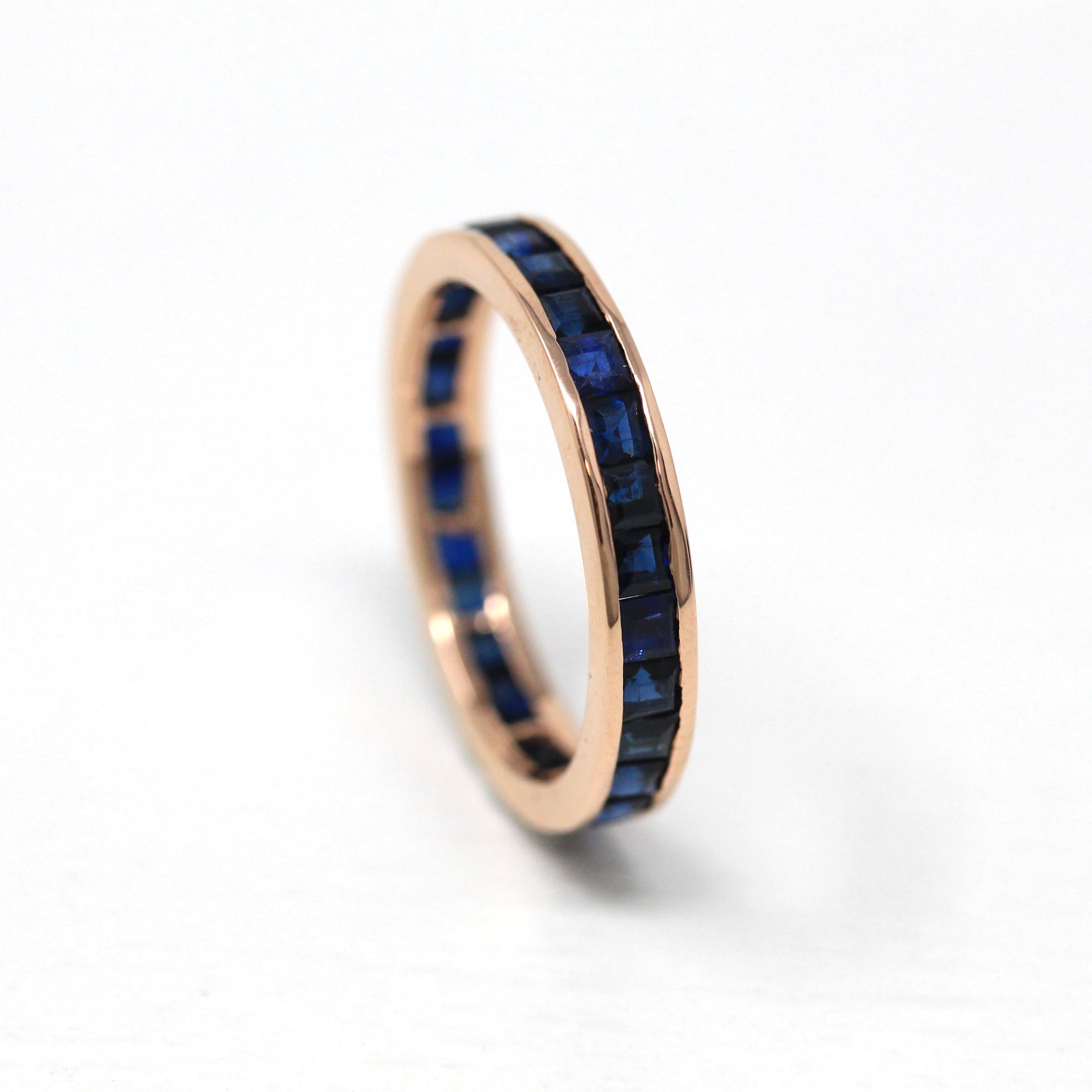 Genuine Sapphire Band - Estate 14k Rose Gold Blue Gemstones Eternity Ring - Modern Size 6 1/4 Wedding September Birthstone Fine Jewelry