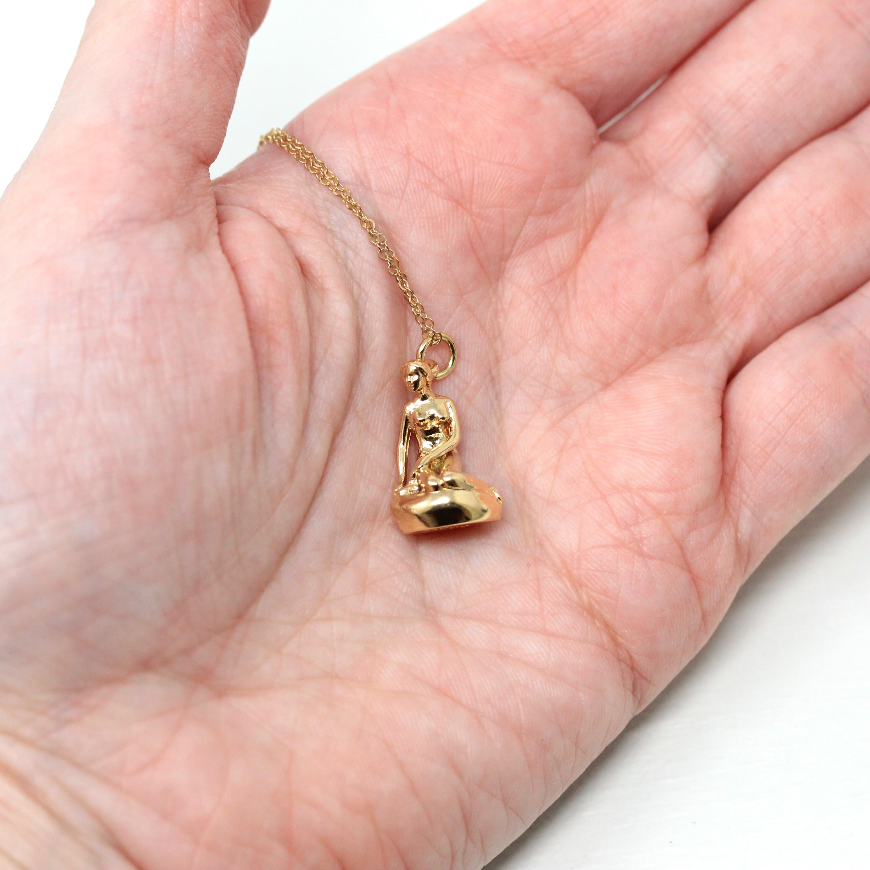 The Little Mermaid Charm - Retro 14k 585 Yellow Gold Figural Statue Sculpture Necklace - Vintage 1970s Era Fine Copenhagen Denmark Jewelry