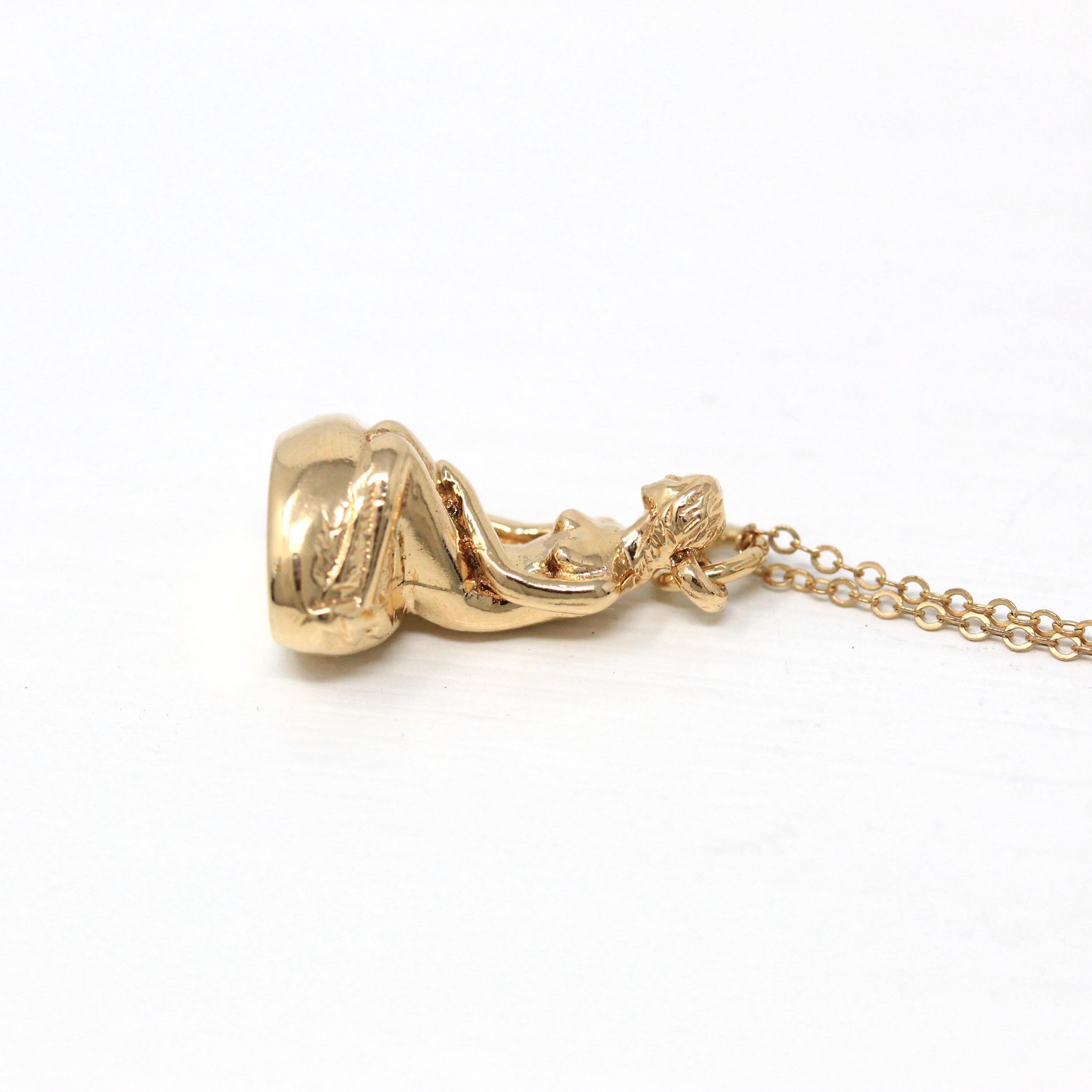 The Little Mermaid Charm - Retro 14k 585 Yellow Gold Figural Statue Sculpture Necklace - Vintage 1970s Era Fine Copenhagen Denmark Jewelry