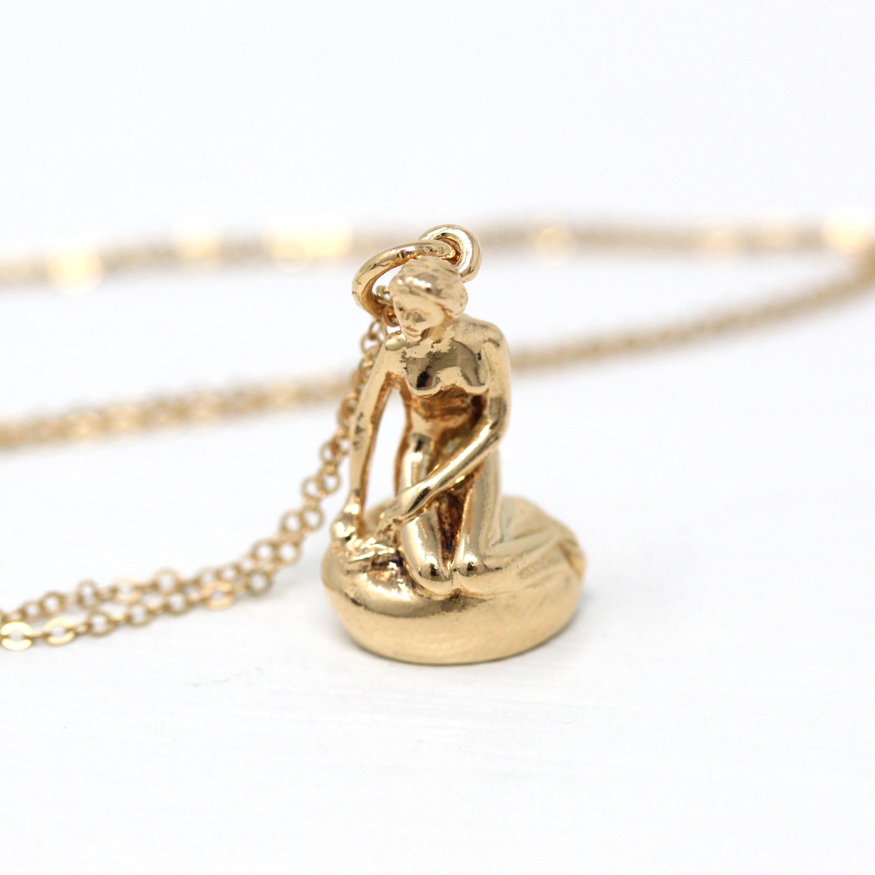 The Little Mermaid Charm - Retro 14k 585 Yellow Gold Figural Statue Sculpture Necklace - Vintage 1970s Era Fine Copenhagen Denmark Jewelry