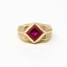 Created Ruby Ring - Retro 10k Yellow Gold Square Cut Red Stone Chunky Men's Band - Vintage Circa 1960s Era Size 8 3/4 New Old Stock Jewelry