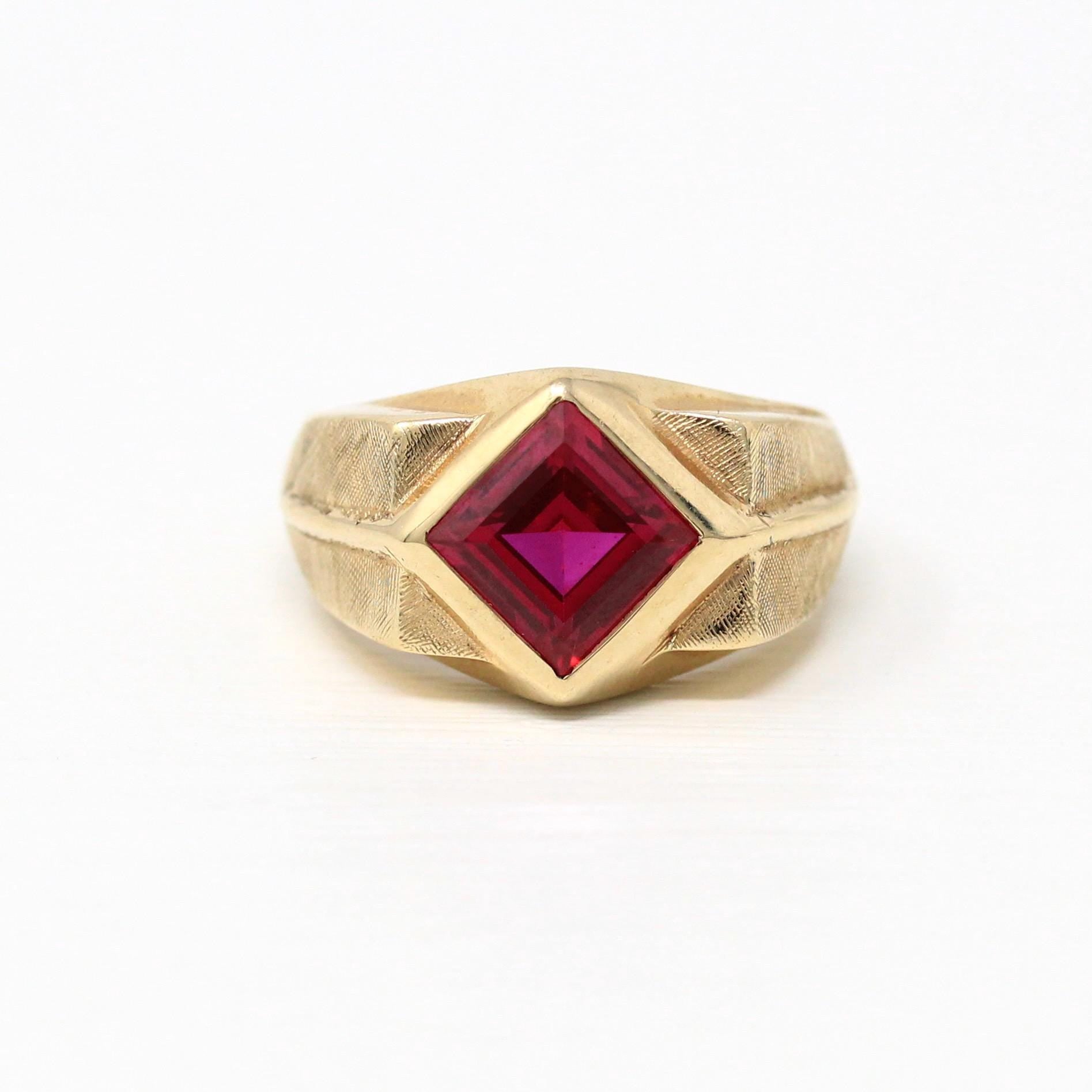 Created Ruby Ring - Retro 10k Yellow Gold Square Cut Red Stone Chunky Men's Band - Vintage Circa 1960s Era Size 8 3/4 New Old Stock Jewelry