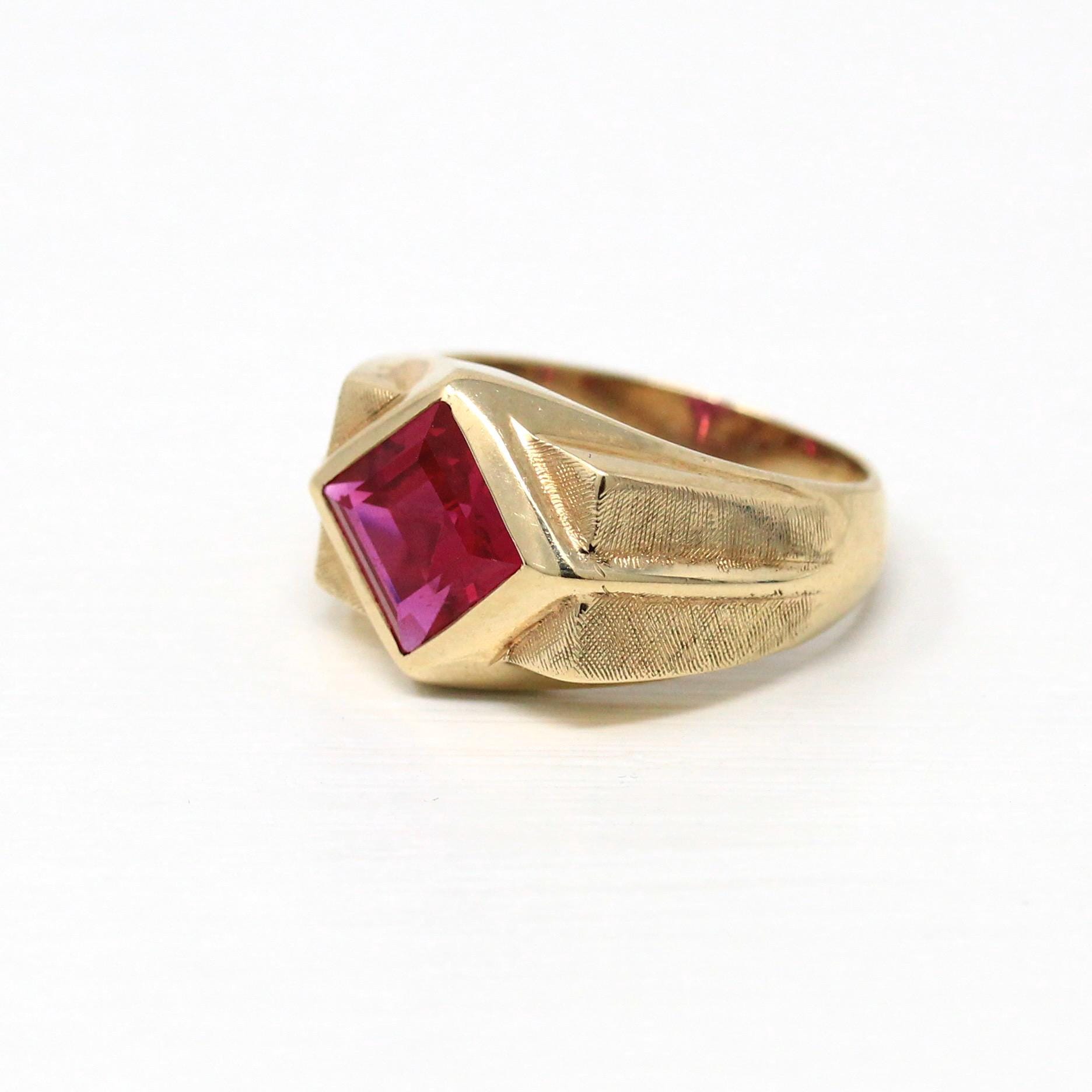 Created Ruby Ring - Retro 10k Yellow Gold Square Cut Red Stone Chunky Men's Band - Vintage Circa 1960s Era Size 8 3/4 New Old Stock Jewelry