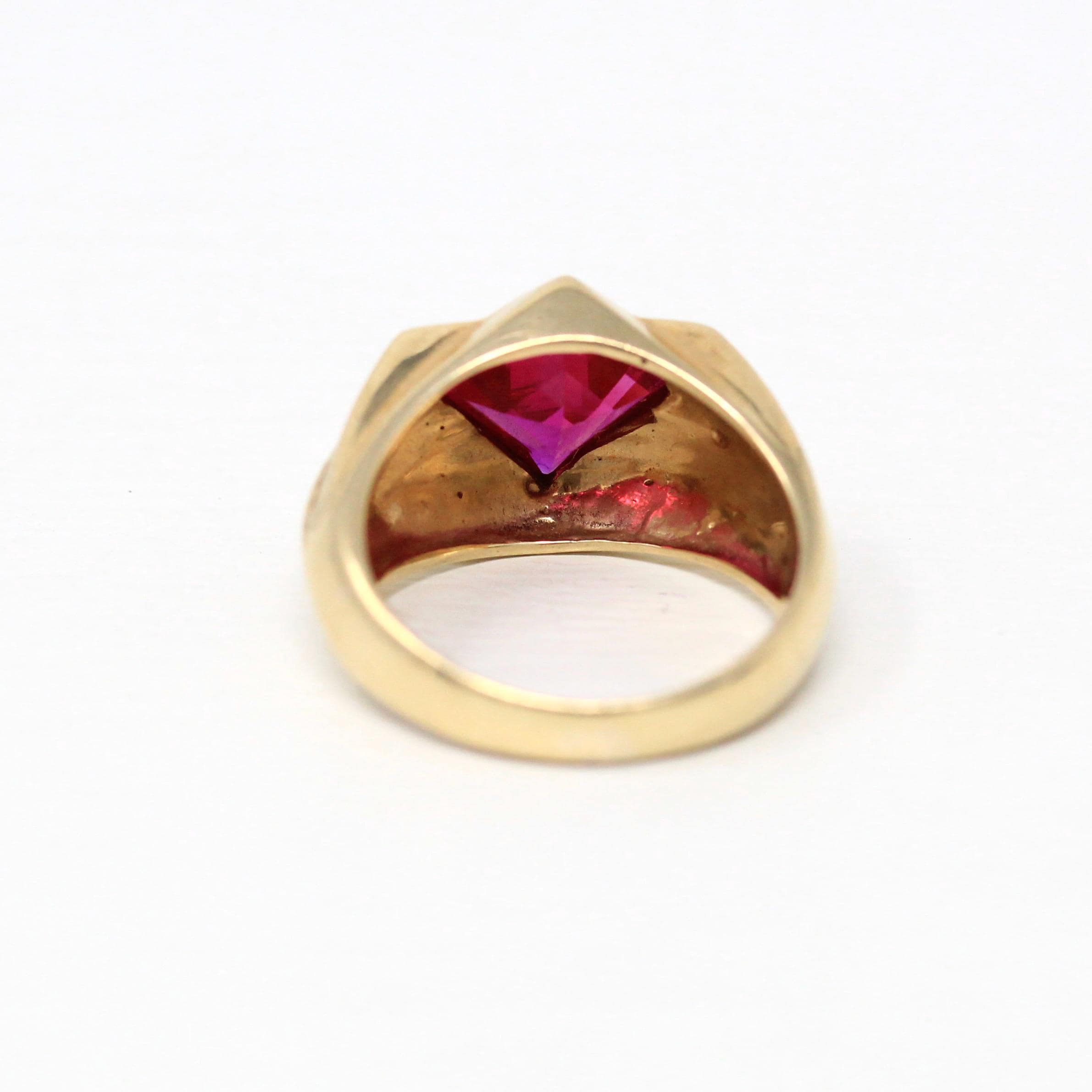 Created Ruby Ring - Retro 10k Yellow Gold Square Cut Red Stone Chunky Men's Band - Vintage Circa 1960s Era Size 8 3/4 New Old Stock Jewelry