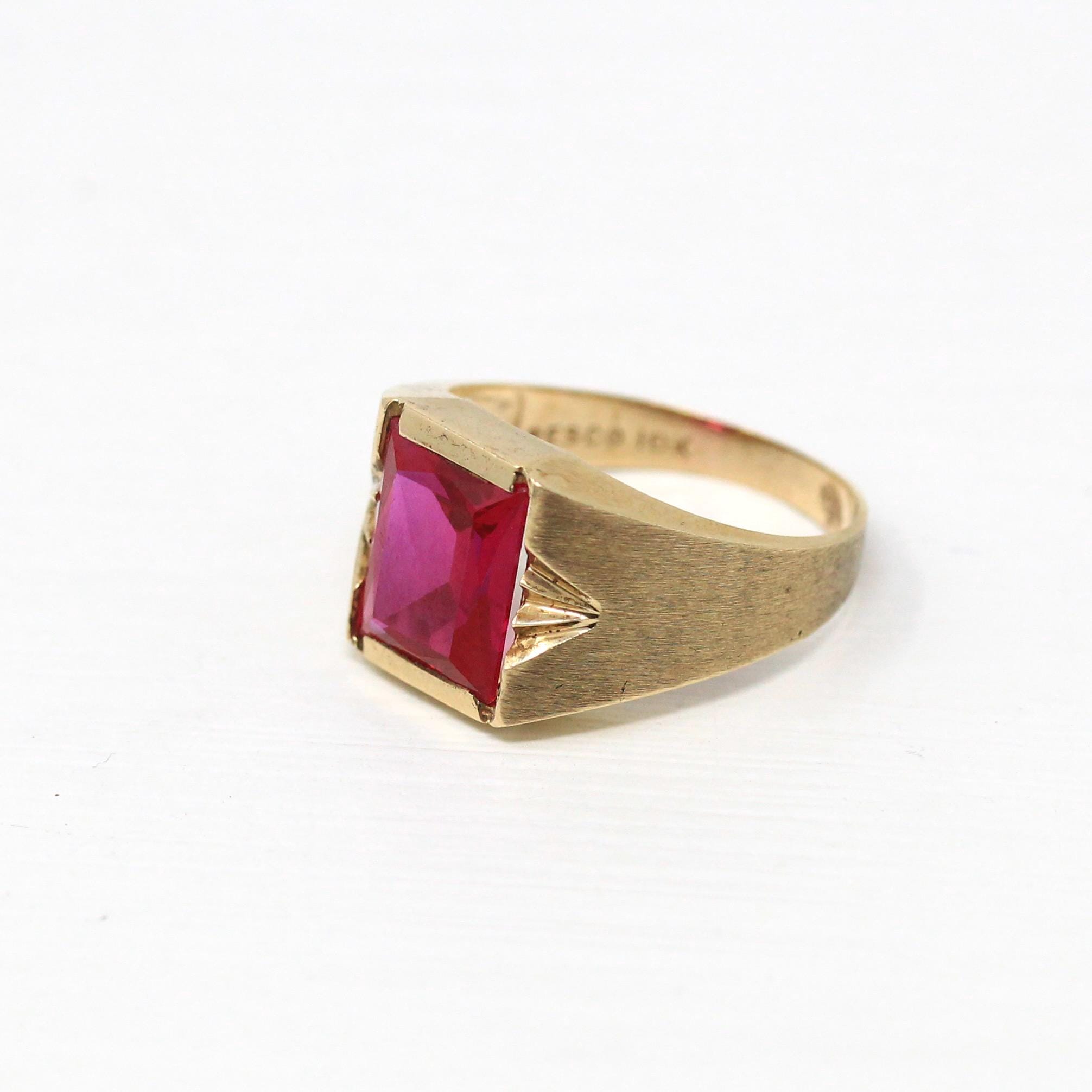 Created Ruby Ring - Retro 10k Yellow Gold Faceted 6.70 ct Rectangular Stone - Vintage Circa 1960s Size 7 New Old Stock Statement Jewelry