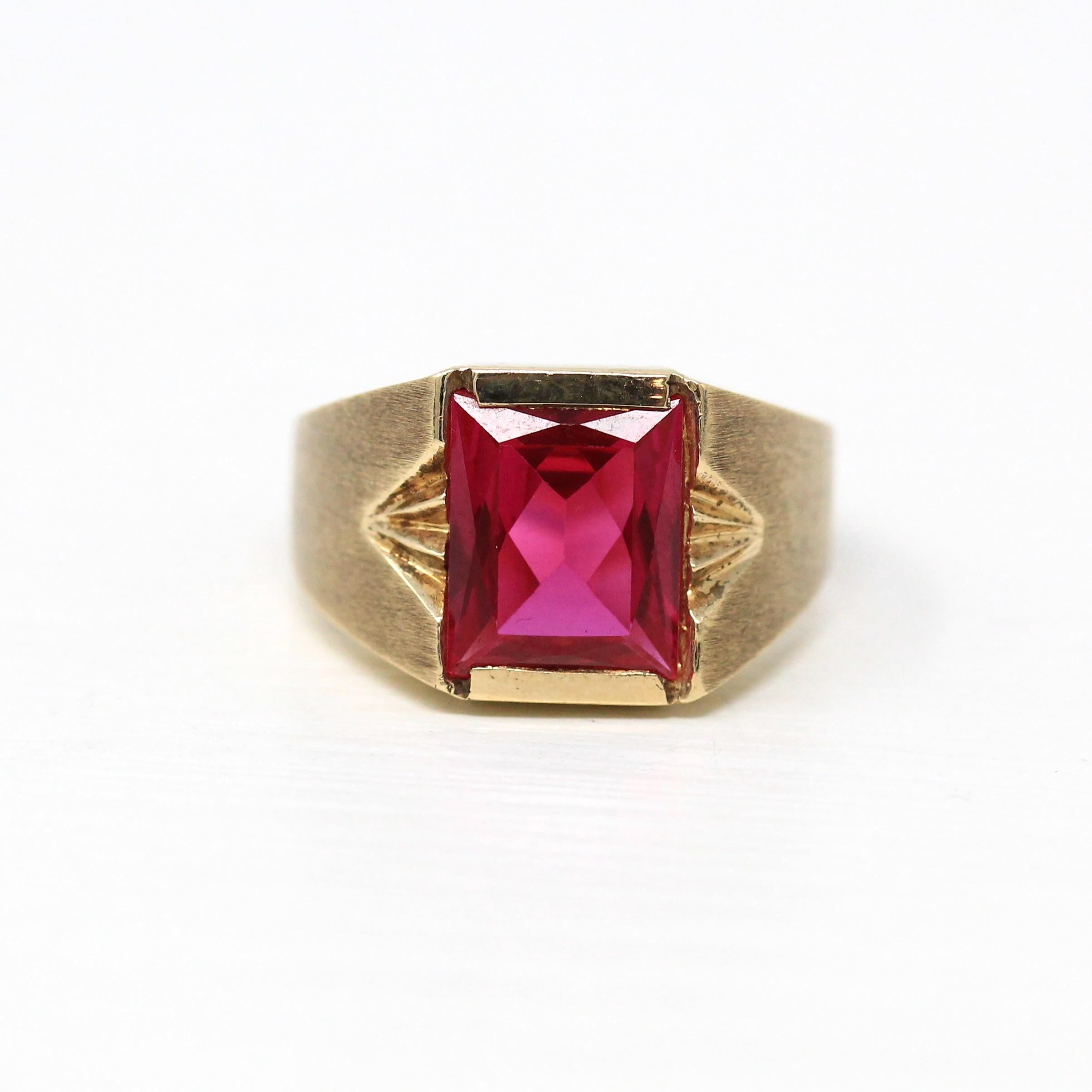 Created Ruby Ring - Retro 10k Yellow Gold Faceted 6.70 ct Rectangular Stone - Vintage Circa 1960s Size 7 New Old Stock Statement Jewelry