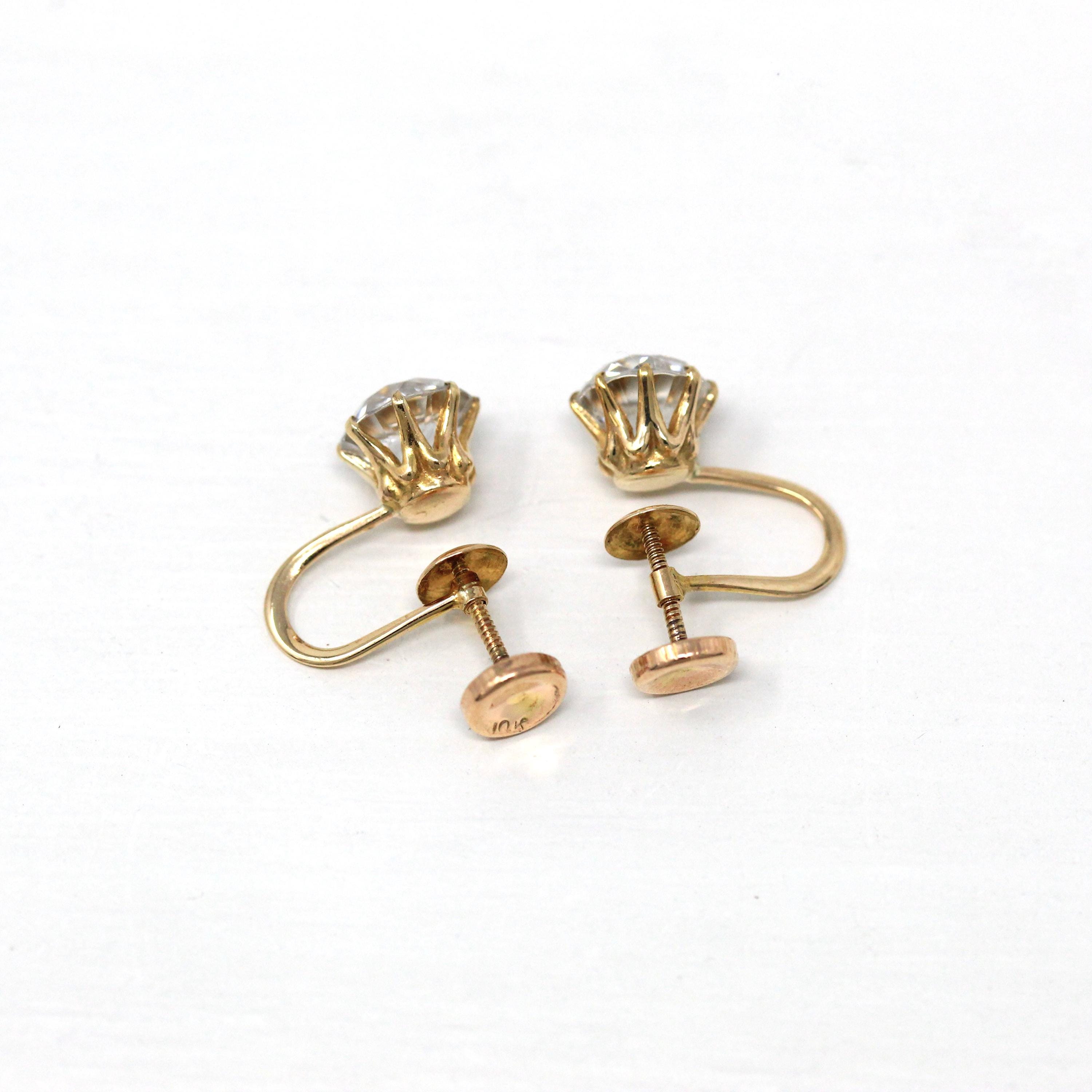 Vintage Zircon Earrings - Retro 10k Yellow Gold Round White Gemtones - Circa 1940s Screw Backs Simulated Diamond Fine Bridal Wedding Jewelry