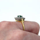 Emerald & Diamond Ring - Vintage Estate 18k Yellow White Gold .35 ct Green Square Cut Diamond Halo - Engagement Fine Two Tone Jewelry