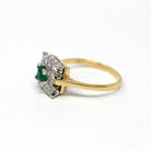 Emerald & Diamond Ring - Vintage Estate 18k Yellow White Gold .35 ct Green Square Cut Diamond Halo - Engagement Fine Two Tone Jewelry