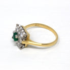 Emerald & Diamond Ring - Vintage Estate 18k Yellow White Gold .35 ct Green Square Cut Diamond Halo - Engagement Fine Two Tone Jewelry