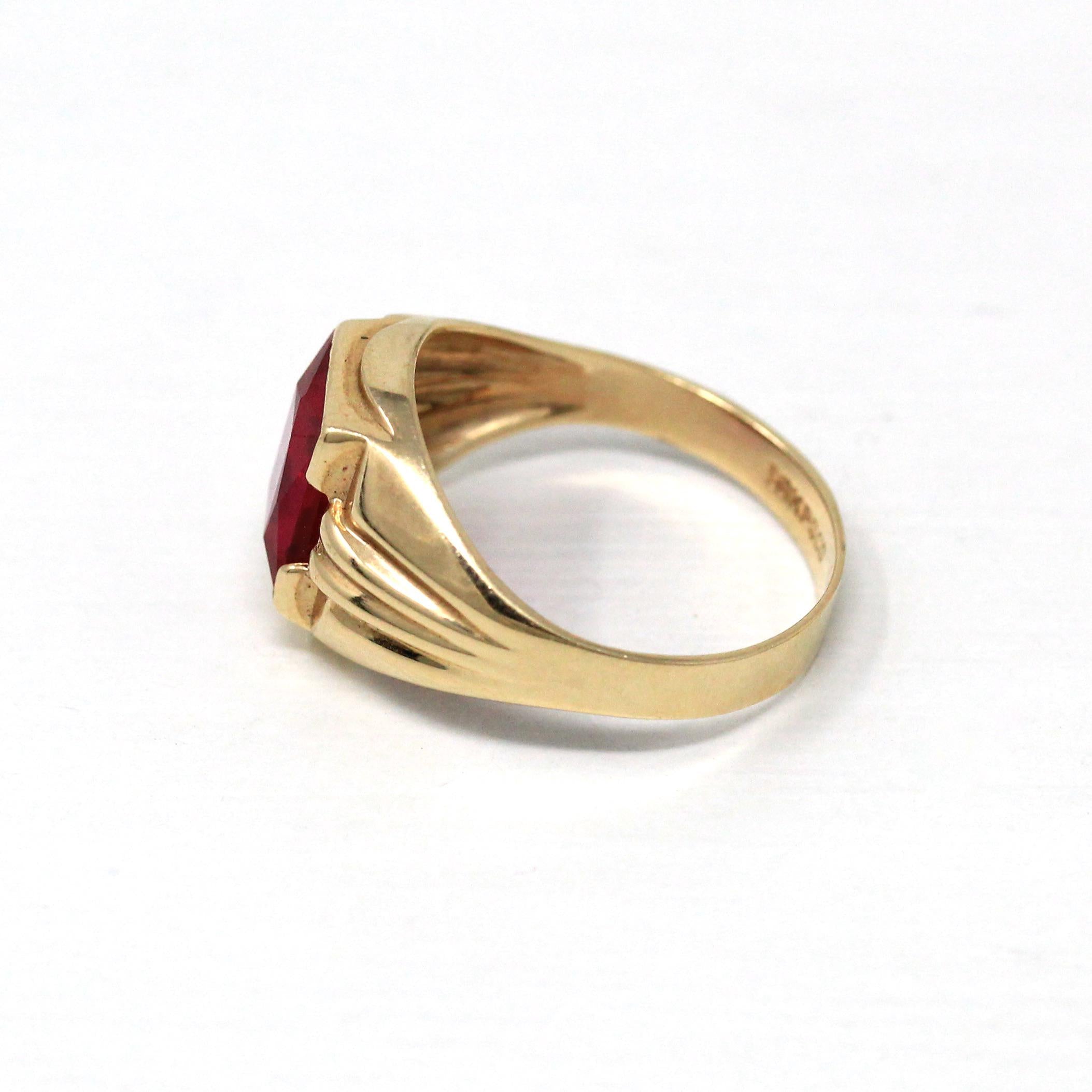 Created Ruby Ring - Retro 10k Yellow Gold Faceted 2.05 ct Rectangular Stone - Vintage Circa 1960s Size 5 3/4 New Old Stock Statement Jewelry