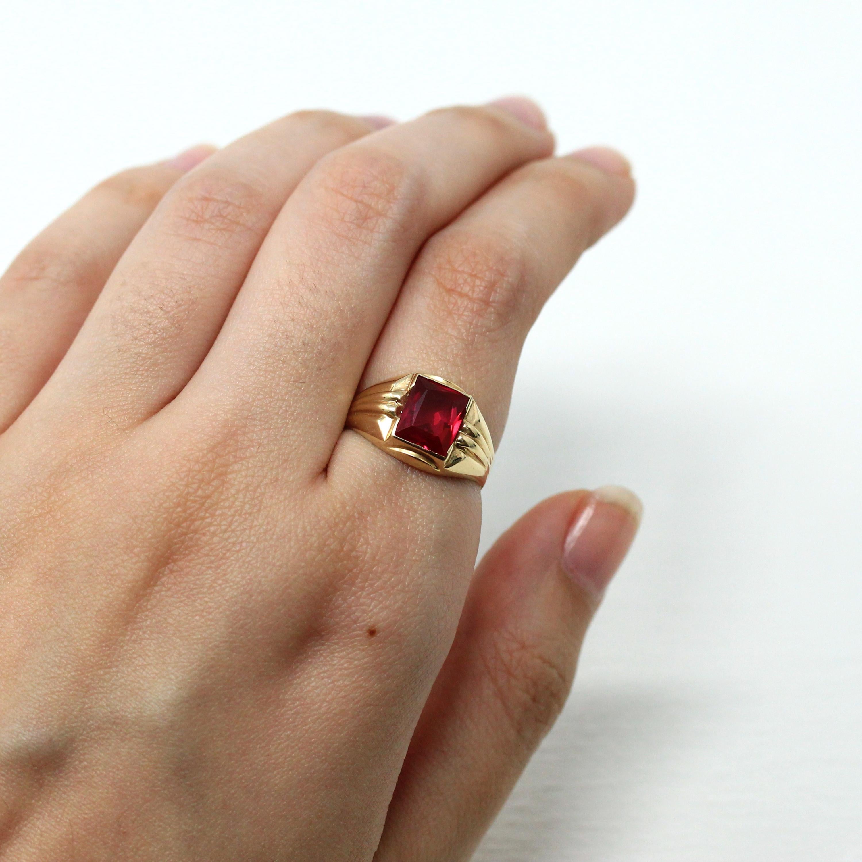 Created Ruby Ring - Retro 10k Yellow Gold Faceted 2.05 ct Rectangular Stone - Vintage Circa 1960s Size 5 3/4 New Old Stock Statement Jewelry