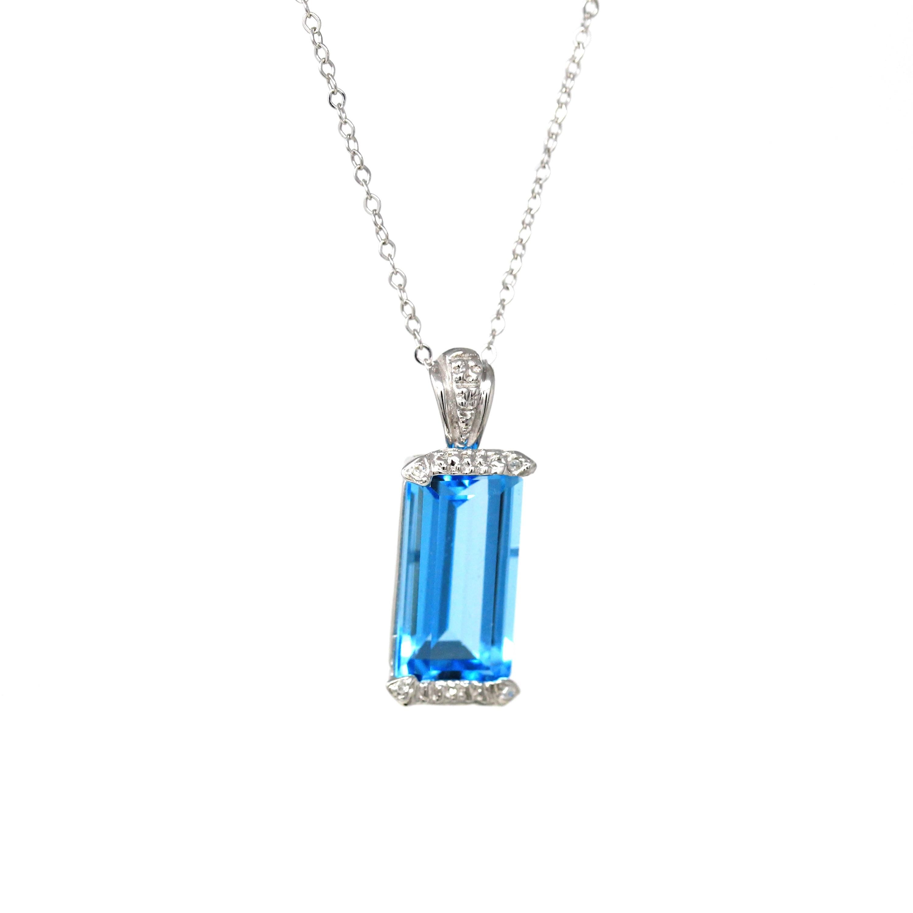 Swiss Blue Topaz Pendant - Estate 14k White Gold Rectangular Faceted 5.86 CT Blue Gem - Modern Circa 2000s Era Diamond Necklace Fine Jewelry