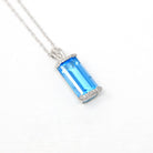 Swiss Blue Topaz Pendant - Estate 14k White Gold Rectangular Faceted 5.86 CT Blue Gem - Modern Circa 2000s Era Diamond Necklace Fine Jewelry