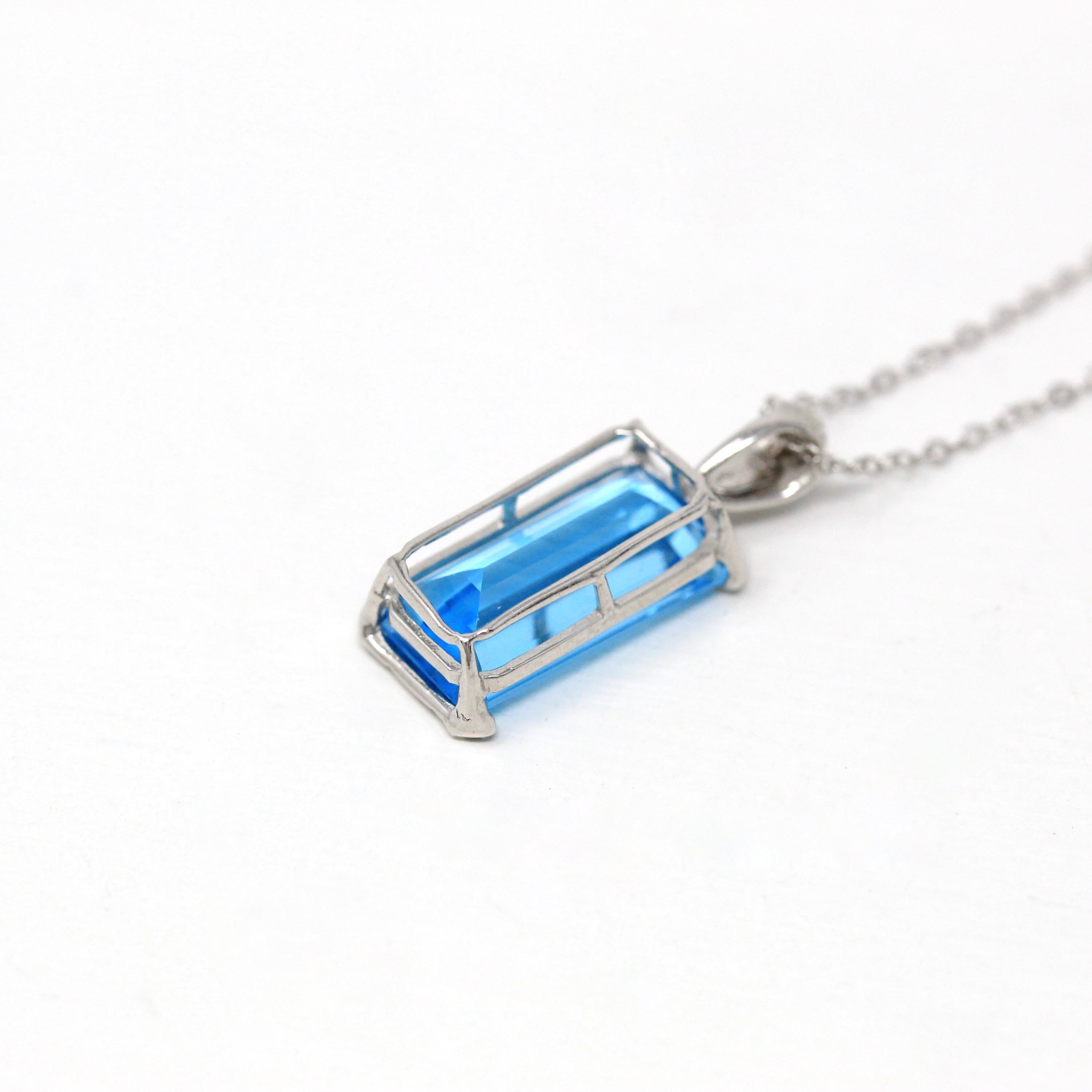 Swiss Blue Topaz Pendant - Estate 14k White Gold Rectangular Faceted 5.86 CT Blue Gem - Modern Circa 2000s Era Diamond Necklace Fine Jewelry