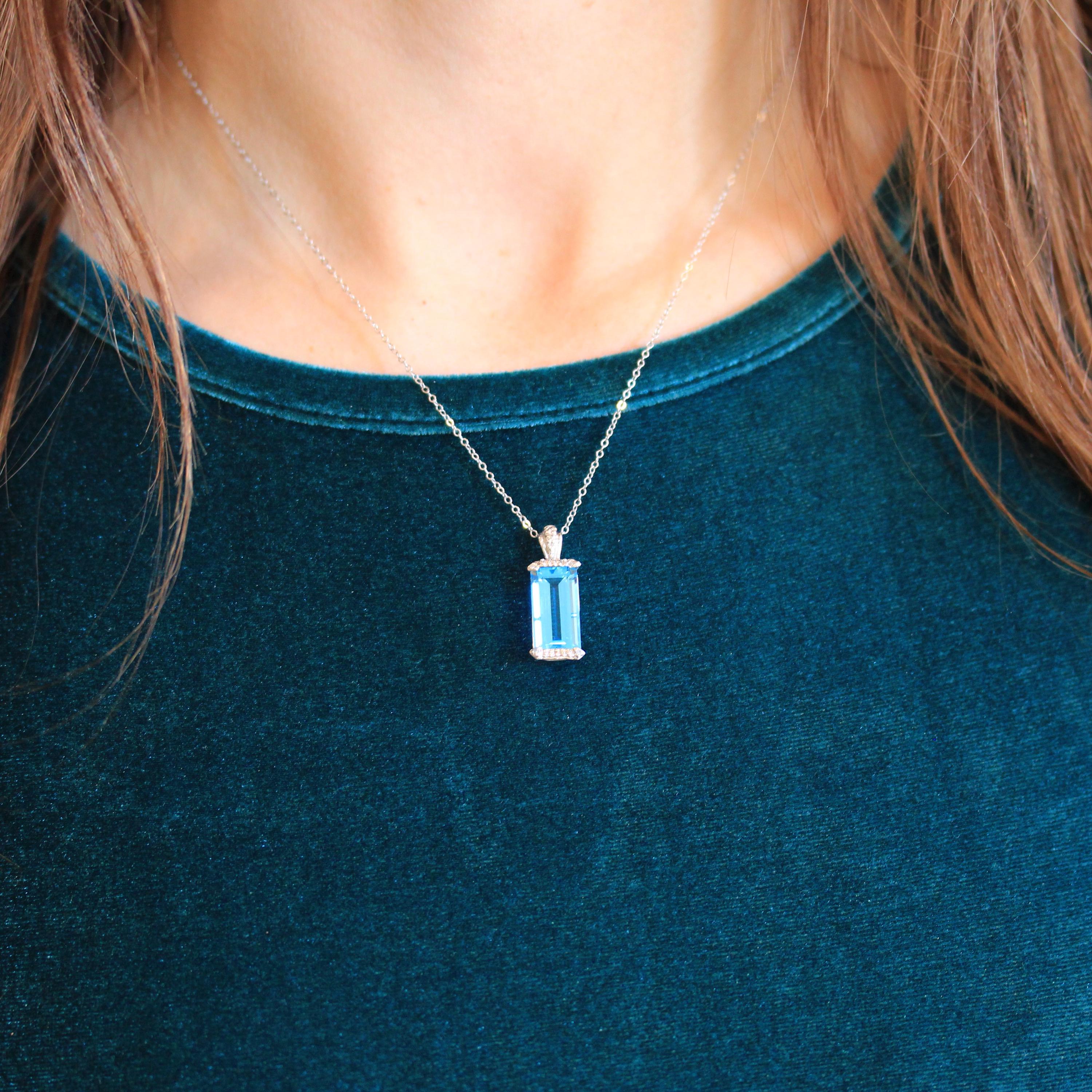 Swiss Blue Topaz Pendant - Estate 14k White Gold Rectangular Faceted 5.86 CT Blue Gem - Modern Circa 2000s Era Diamond Necklace Fine Jewelry