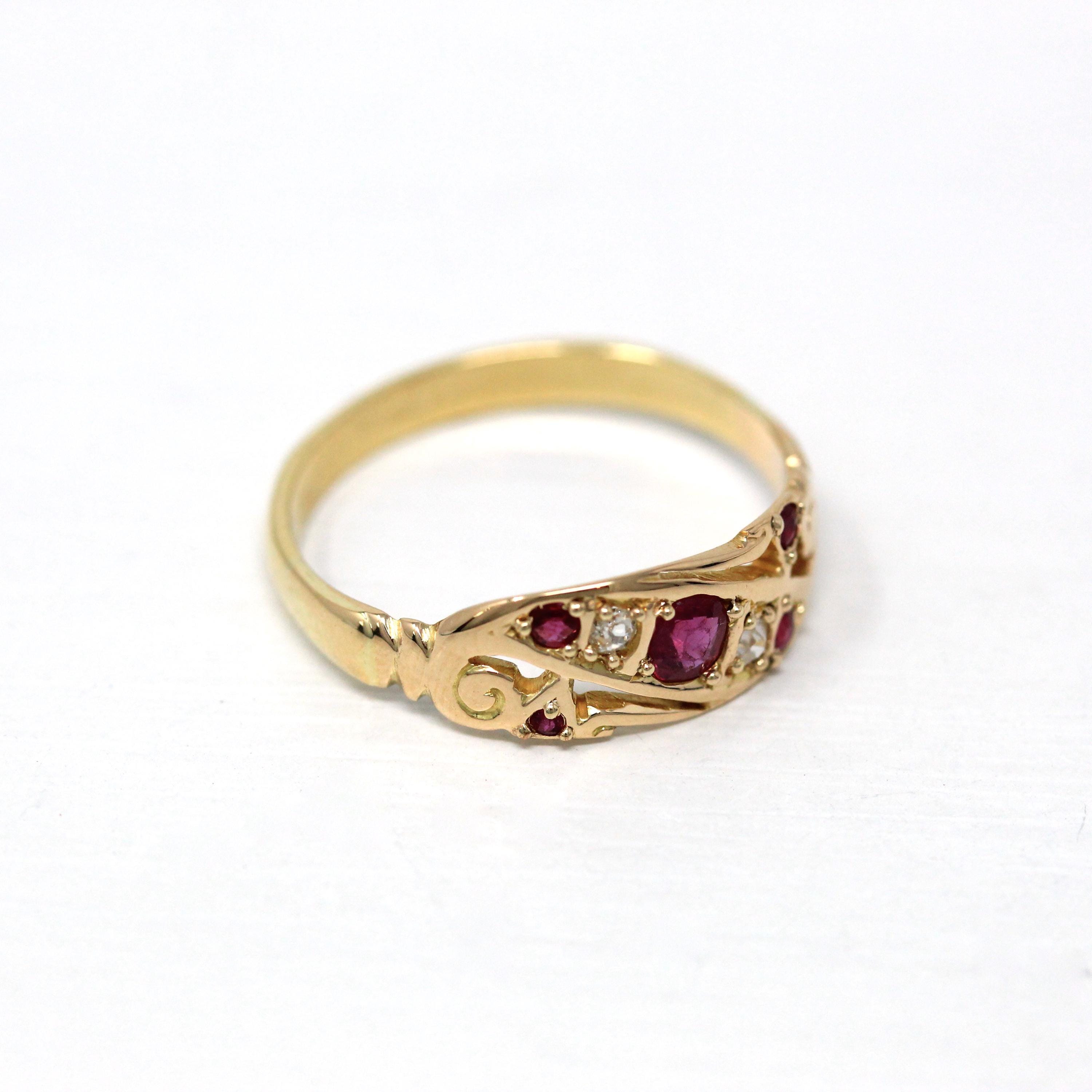 Genuine Ruby Band - Edwardian 18k Yellow Gold Genuine Diamond Ring - Antique Circa 1910s Era English Size 5 3/4 Fine July Birthstone Jewelry