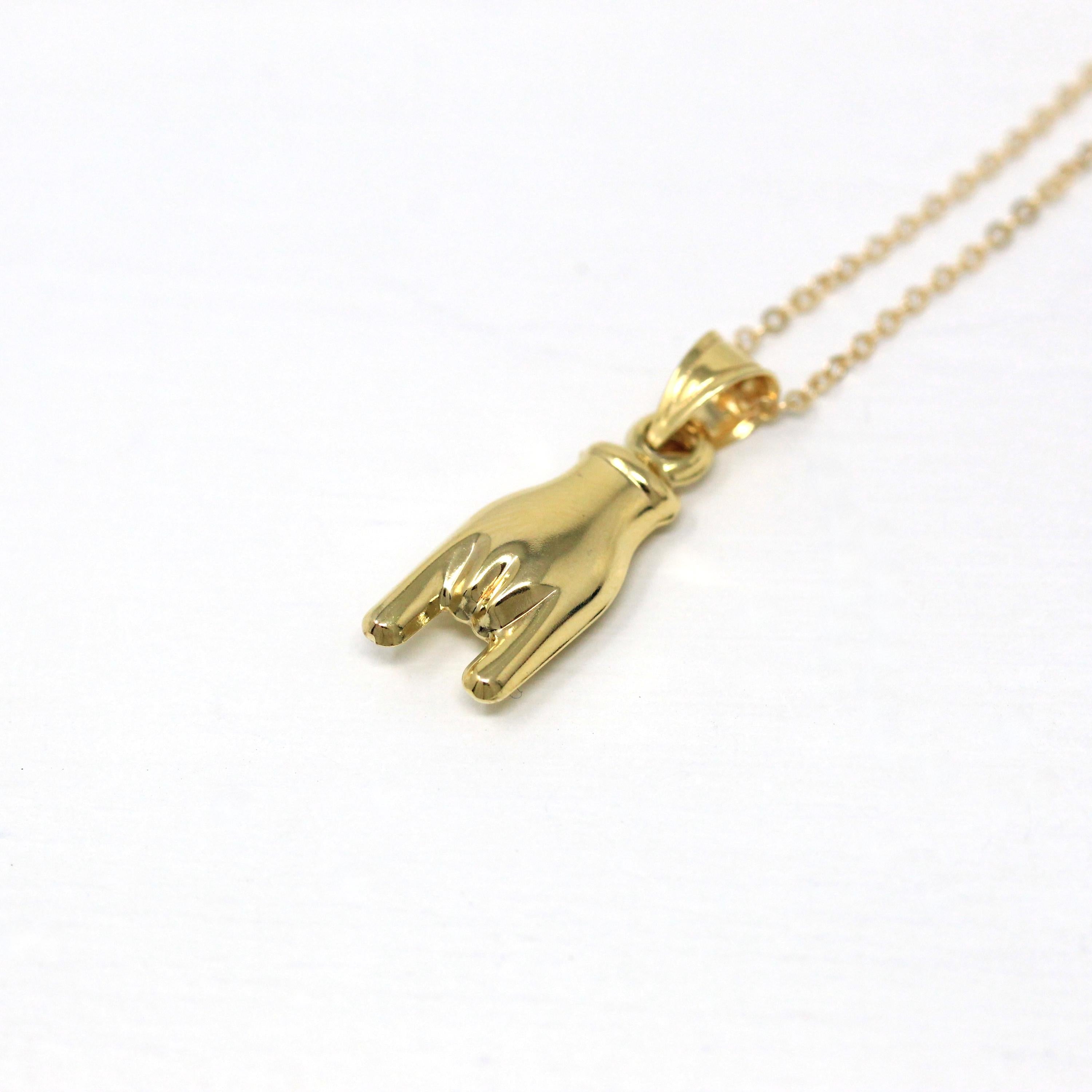 Mano Cornuto Charm - Retro 14k Yellow Gold Italian Good Luck Pendant Necklace - Vintage Circa 1970s Era Horned Hand Gesture Fine Jewelry