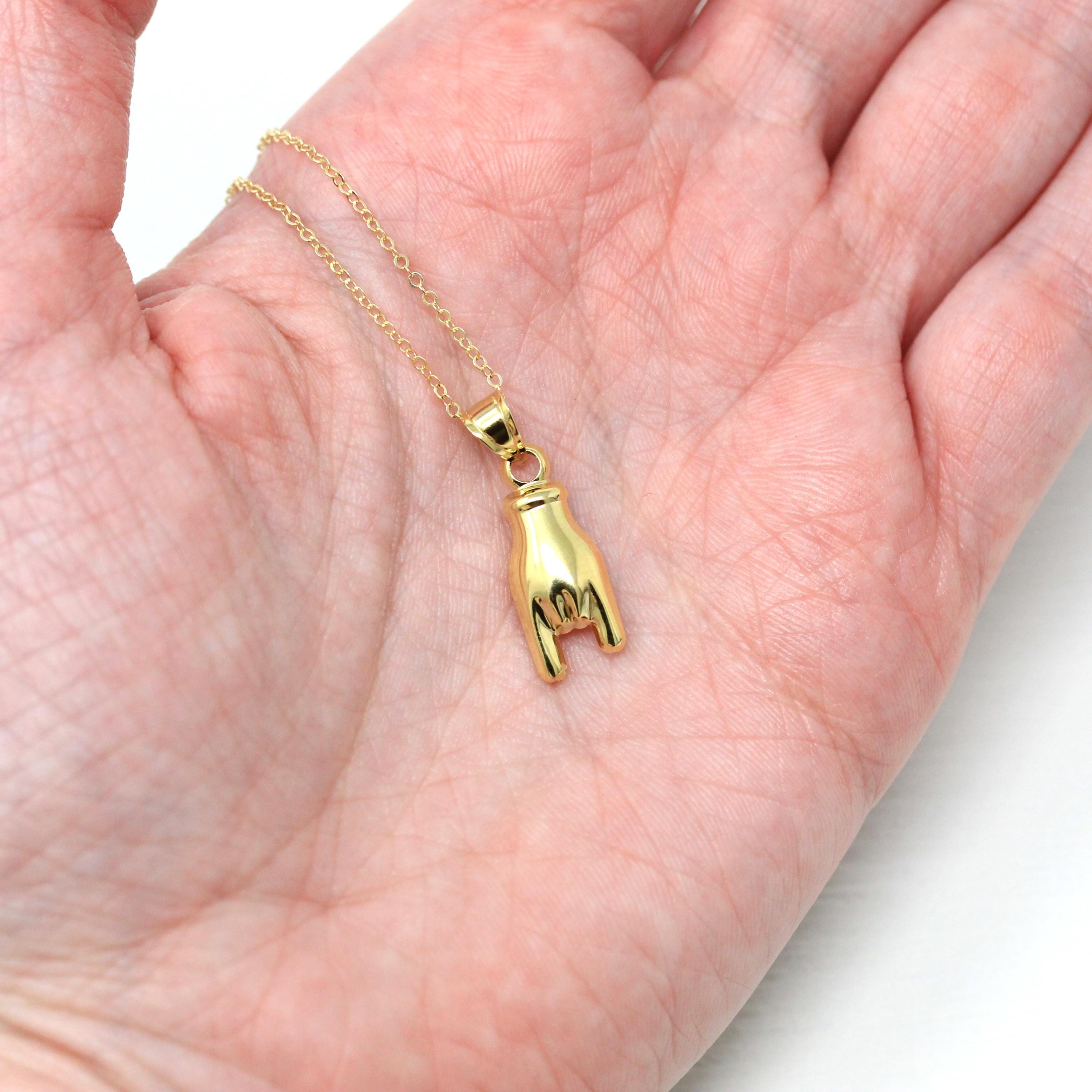 Mano Cornuto Charm - Retro 14k Yellow Gold Italian Good Luck Pendant Necklace - Vintage Circa 1970s Era Horned Hand Gesture Fine Jewelry