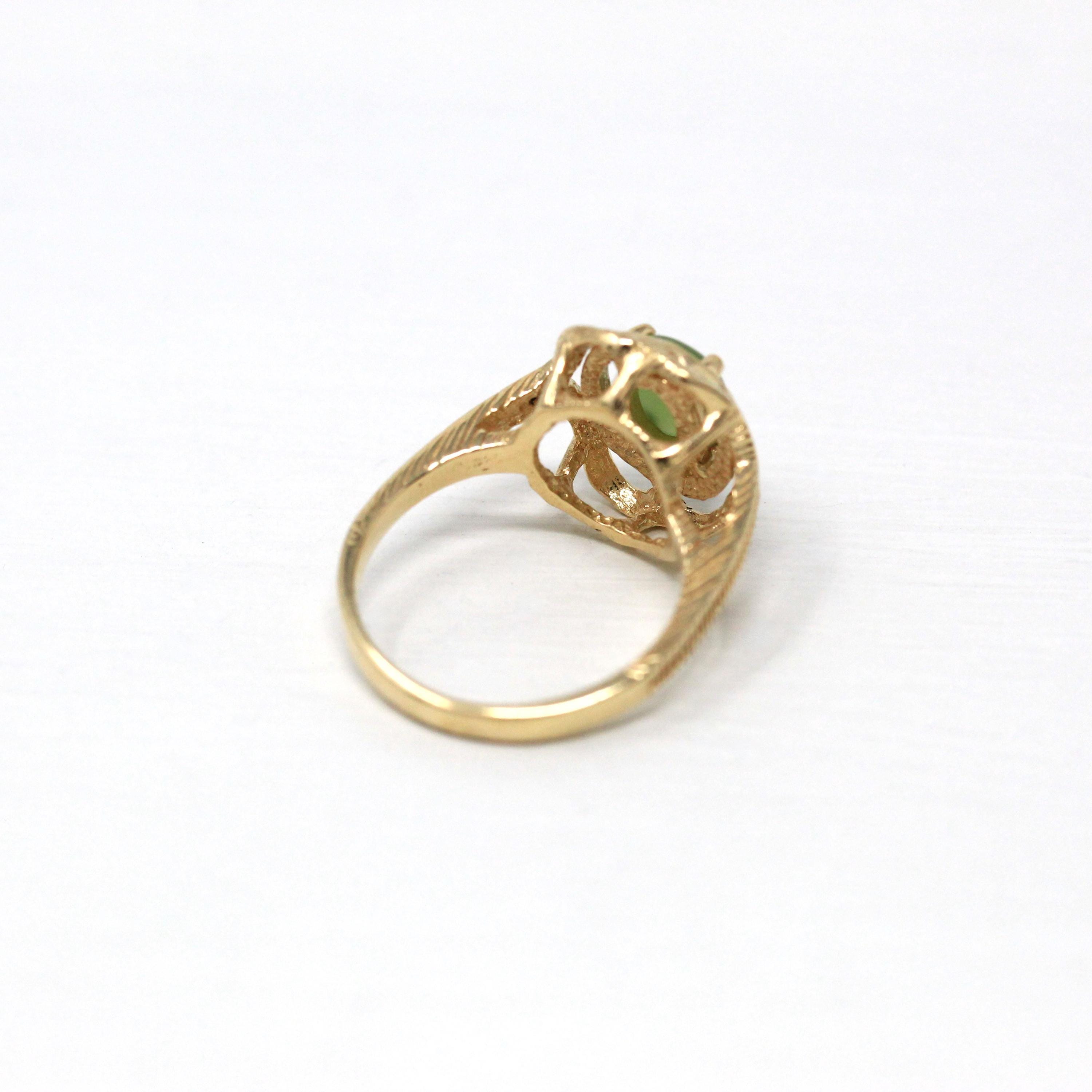 Nephrite Jade Ring - Retro 10k Yellow Gold Green Gemstone Unique Design - Vintage Circa 1960s Era Size 5 3/4 New Old Stock Statement Jewelry