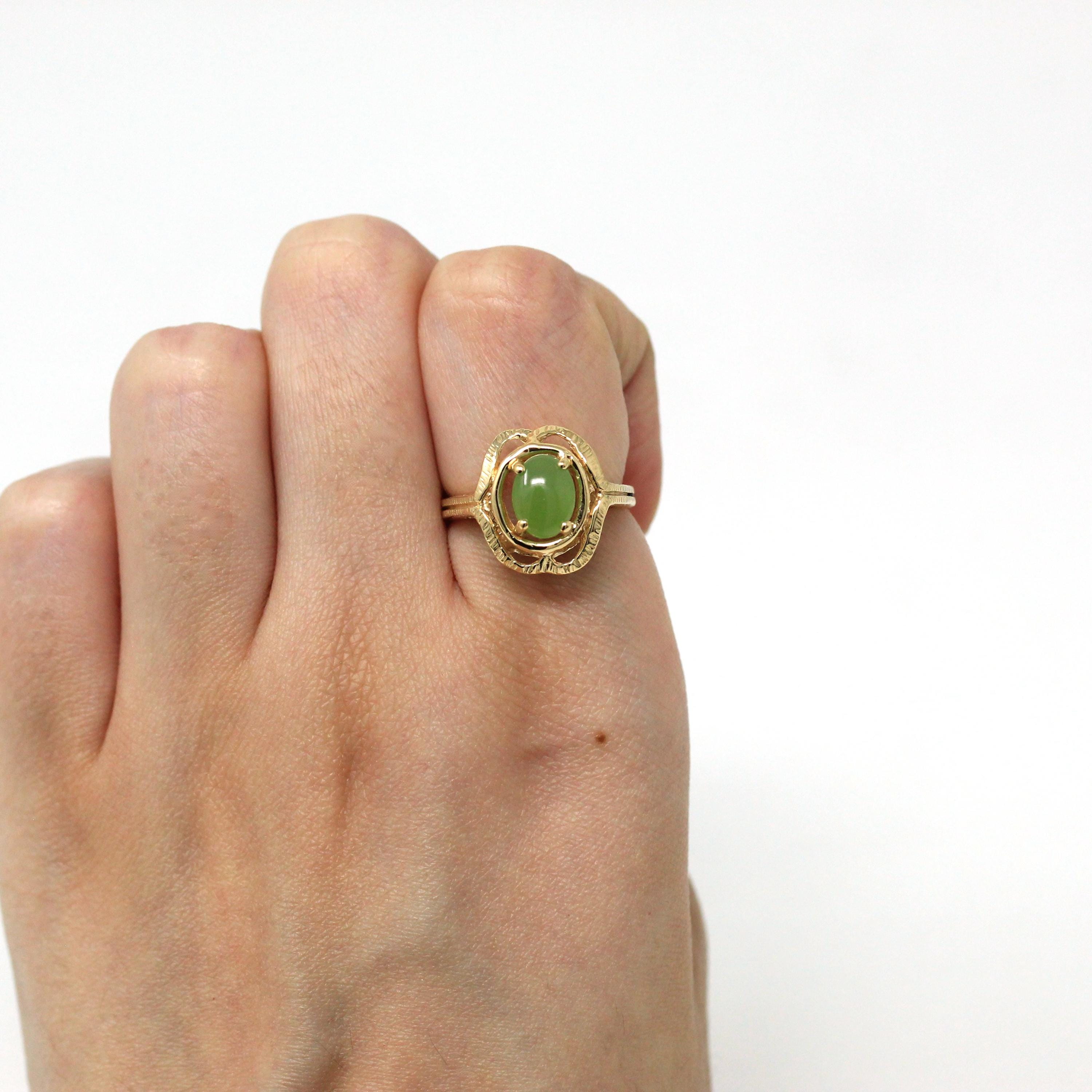 Nephrite Jade Ring - Retro 10k Yellow Gold Green Gemstone Unique Design - Vintage Circa 1960s Era Size 5 3/4 New Old Stock Statement Jewelry