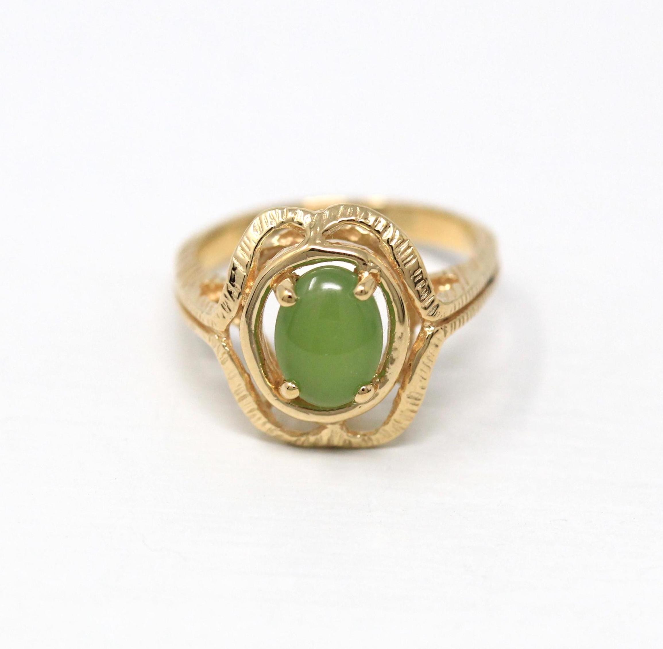 Nephrite Jade Ring - Retro 10k Yellow Gold Green Gemstone Unique Design - Vintage Circa 1960s Era Size 5 3/4 New Old Stock Statement Jewelry