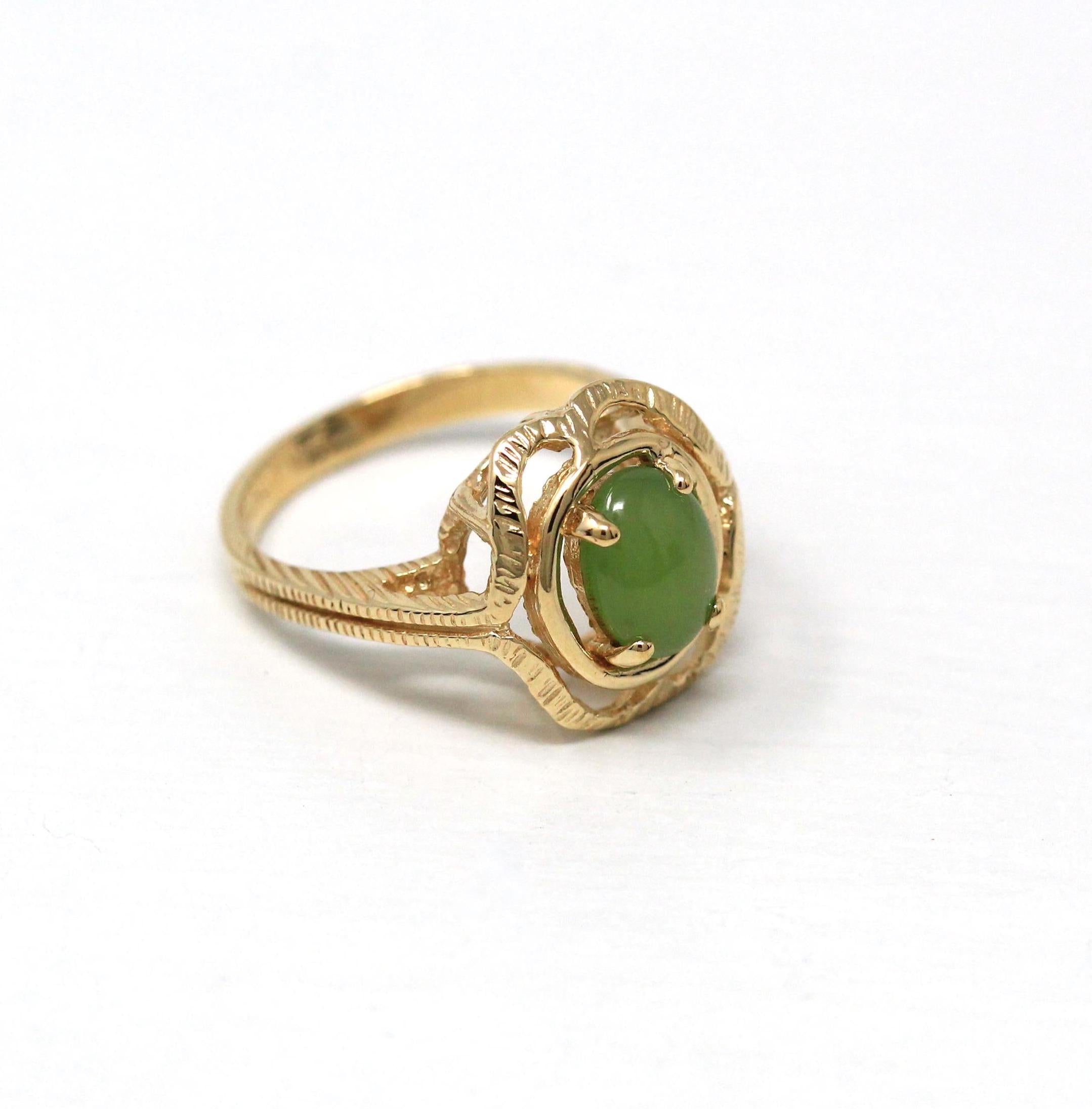 Nephrite Jade Ring - Retro 10k Yellow Gold Green Gemstone Unique Design - Vintage Circa 1960s Era Size 5 3/4 New Old Stock Statement Jewelry