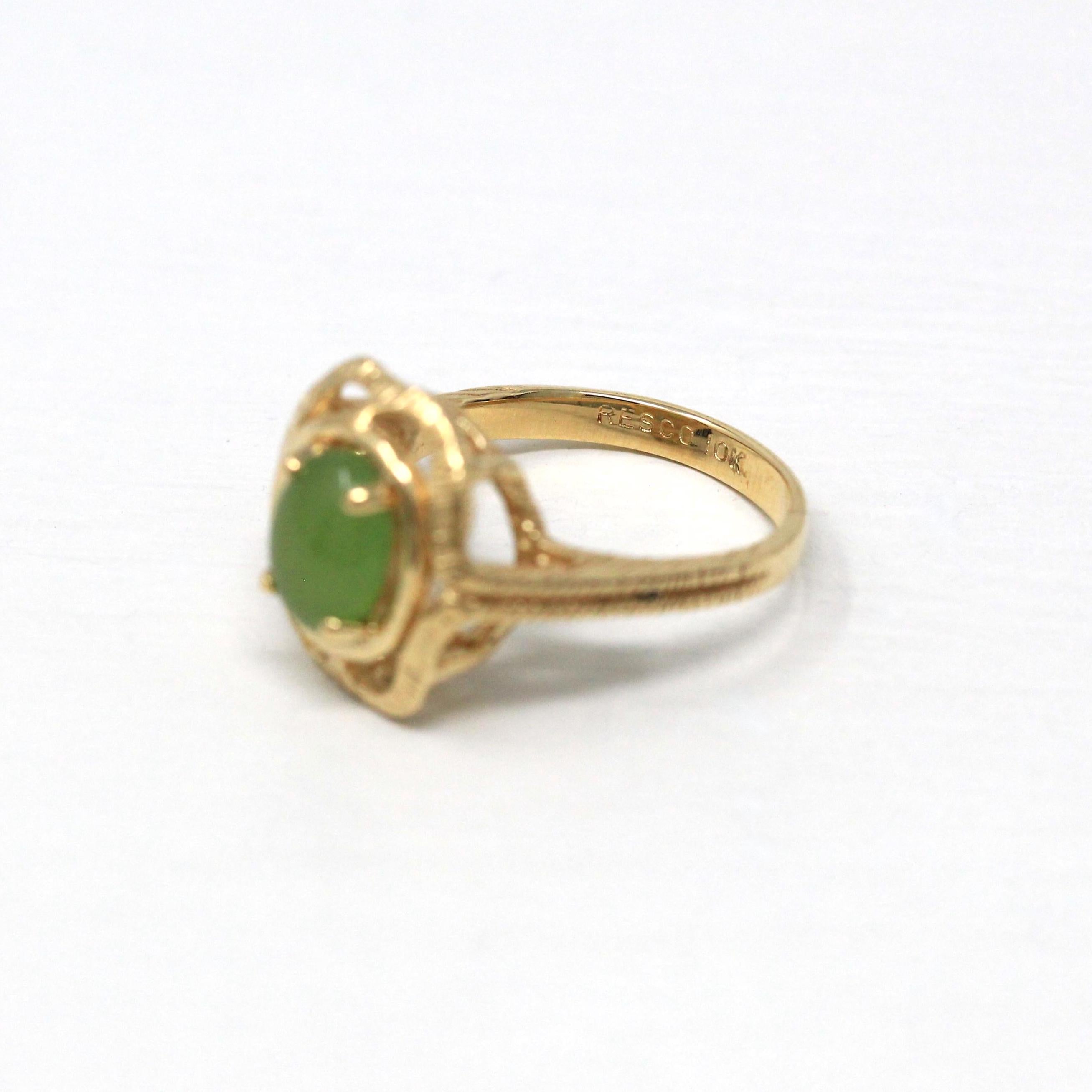 Nephrite Jade Ring - Retro 10k Yellow Gold Green Gemstone Unique Design - Vintage Circa 1960s Era Size 5 3/4 New Old Stock Statement Jewelry