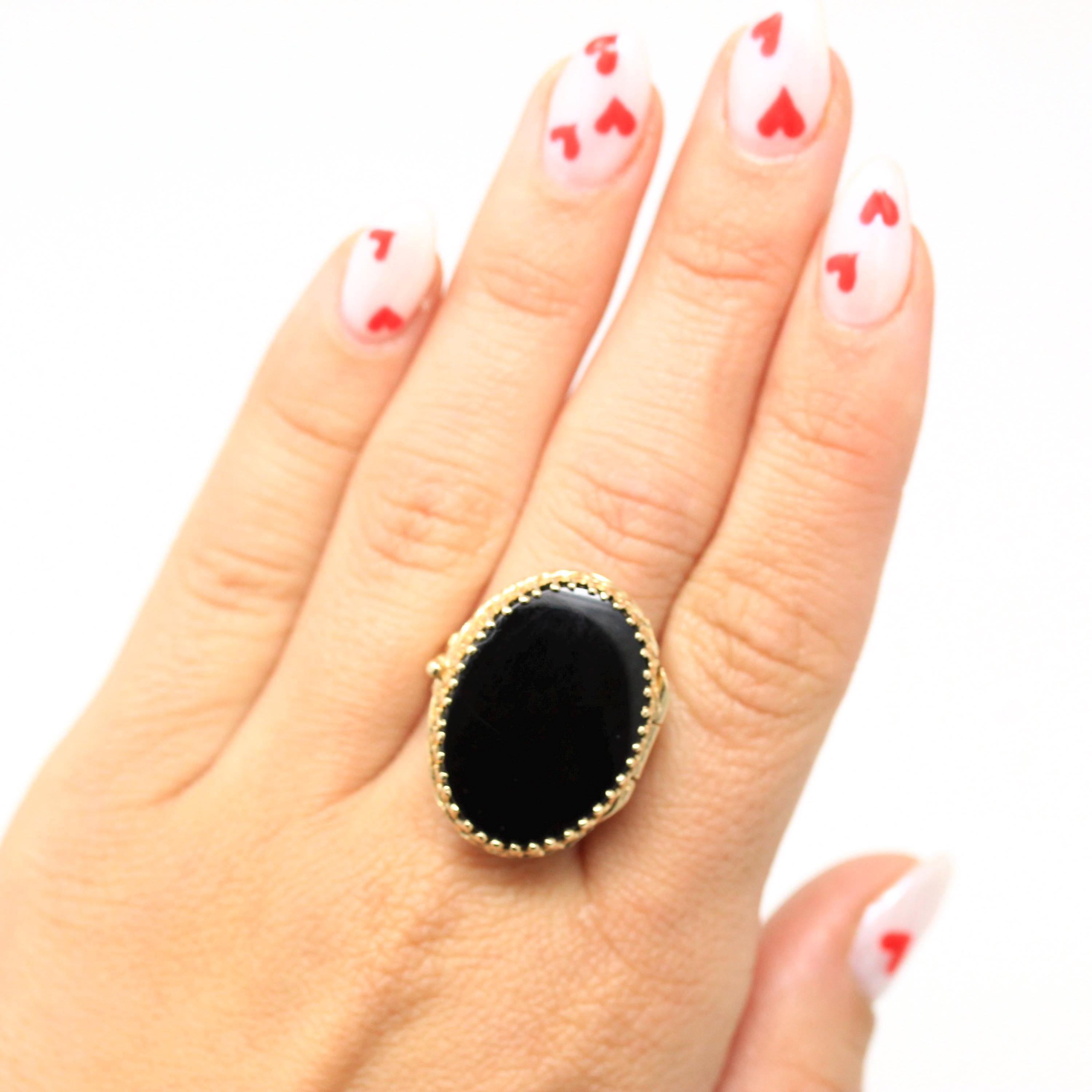 Vintage Locket Ring - Retro 14k Yellow Gold Genuine Black Onyx Gemstone - Circa 1960s Era Size 8 1/4 Hidden Compartment Fine Rare Jewelry