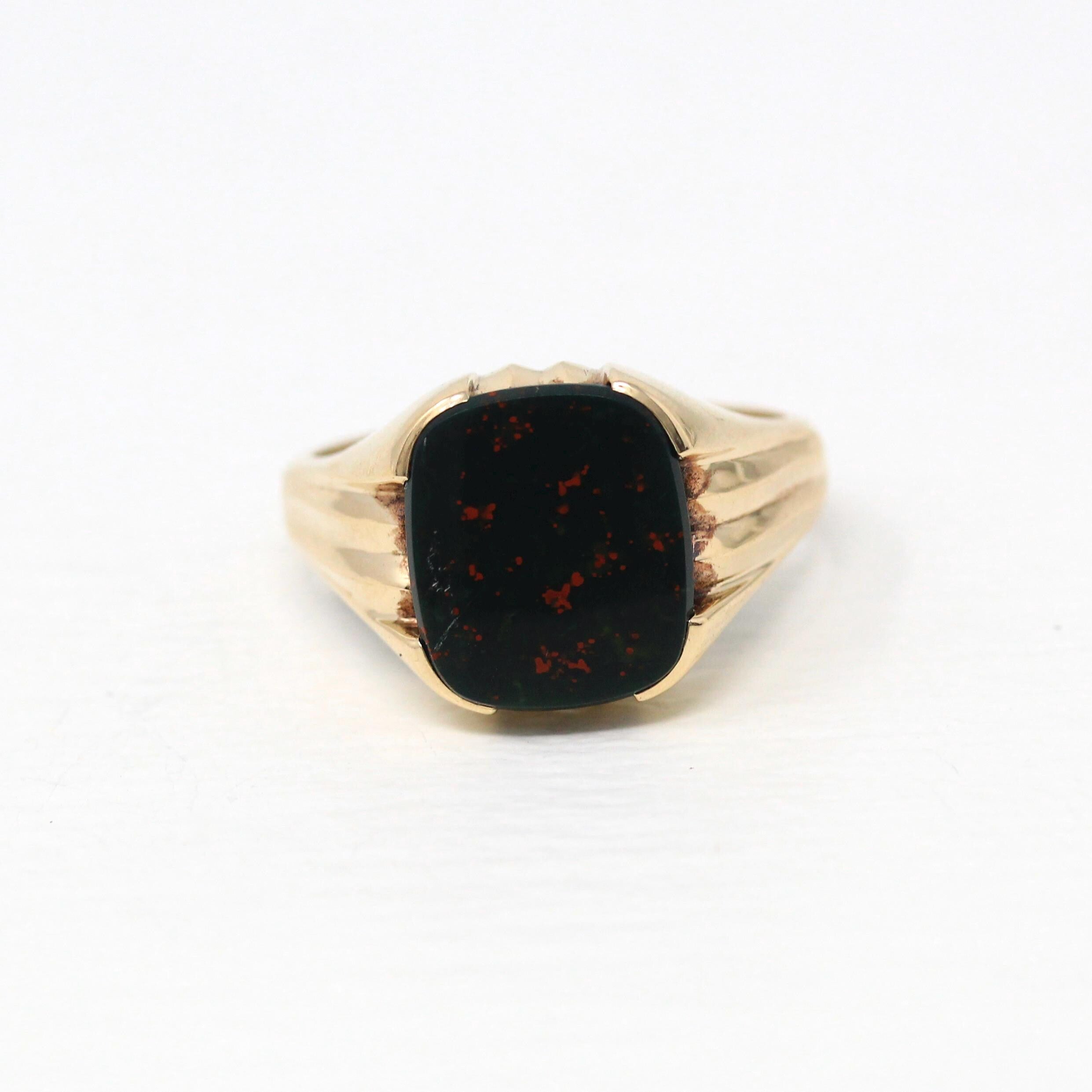 Vintage Bloodstone Ring - Retro 10k Yellow Gold Rectangular Dark Green Red Genuine Gem - Vintage 1960s Era Size 12 Men's Unisex Fine Jewelry