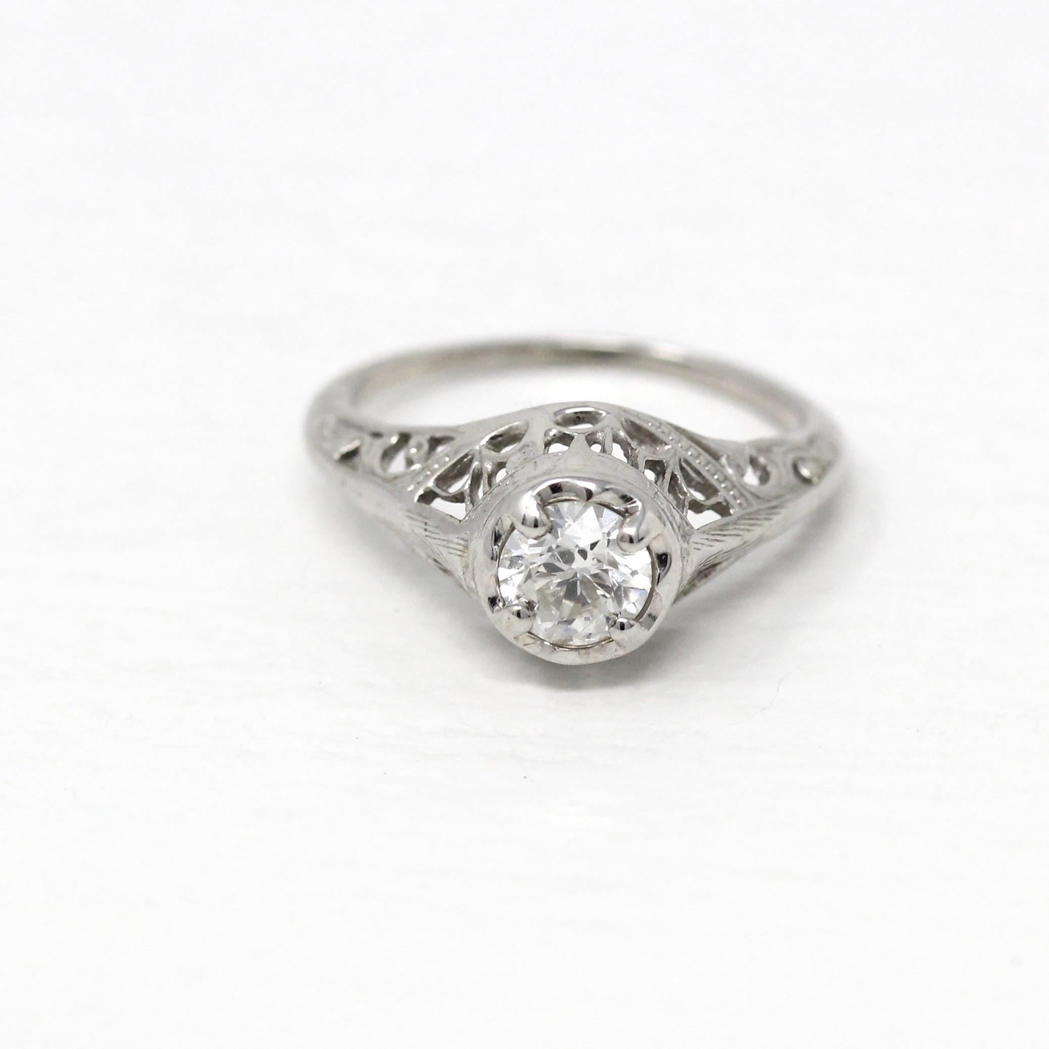 Vintage Diamond Ring - Art Deco Era 18k White Gold Genuine .48 CT Gem Solitaire - Antique Circa 1920s Size 4 1/4 Filigree Fine 20s Jewelry