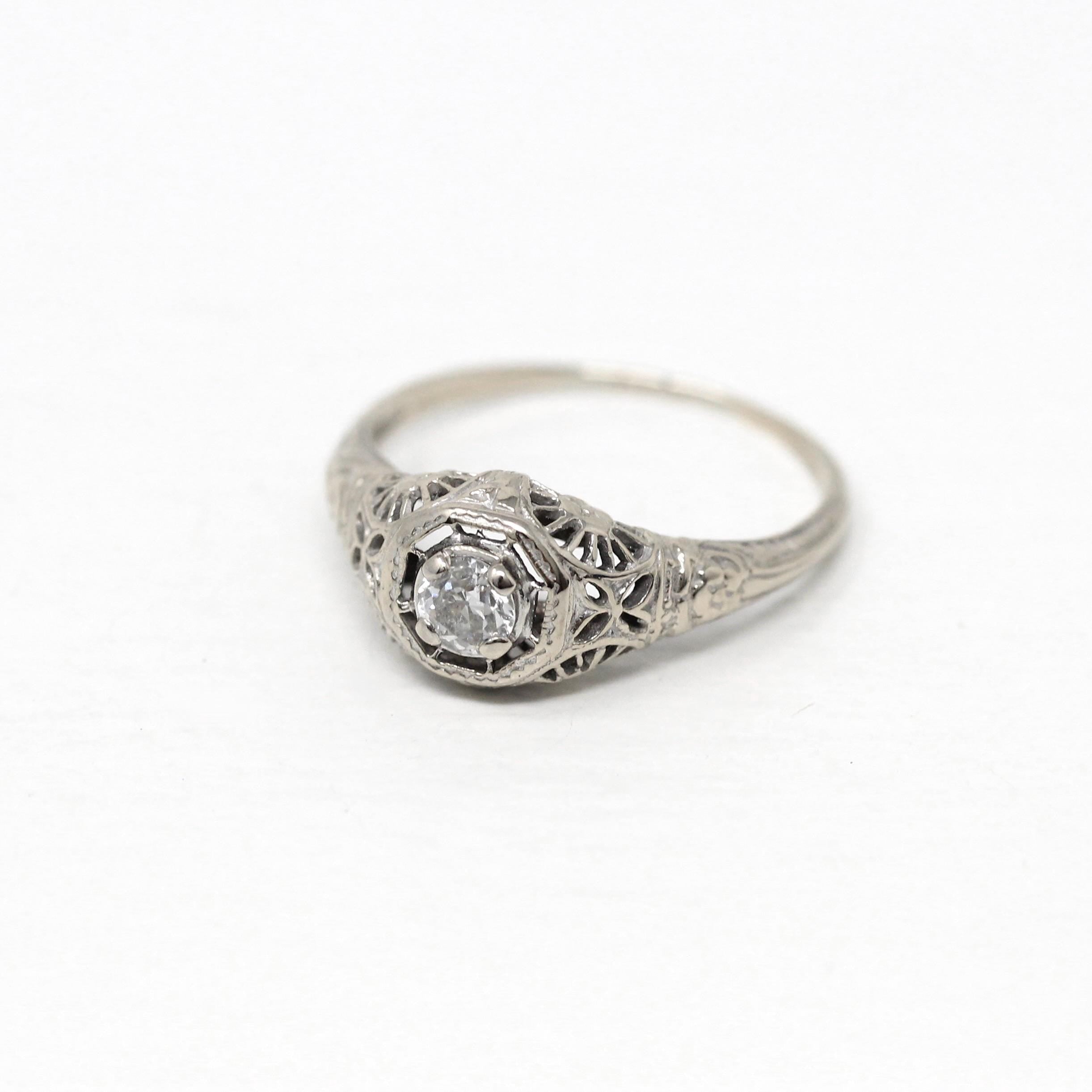 Vintage Diamond Ring - Art Deco Era 14k White Gold Genuine .18 CT Gem - Antique Circa 1920s Size 6 1/2 Filigree Flower Fine 20s Jewelry