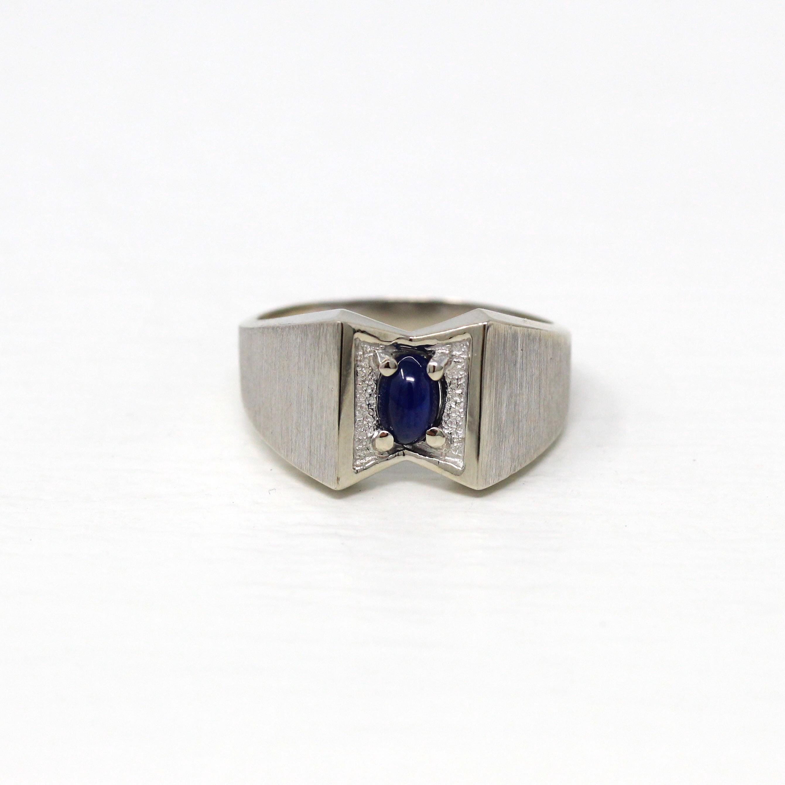 Created Star Sapphire Ring - Retro 14k White Gold Blue Stone - Vintage Circa 1960s Size 9 1/2 September Birthstone New Old Stock Jewelry