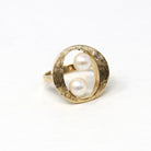 Two Stone Ring - Retro 10k Yellow Gold Oval Circle Brushed Finish - Vintage Circa 1960s Size 4 3/4 New Old Stock Cultured Pearl Fine Jewelry